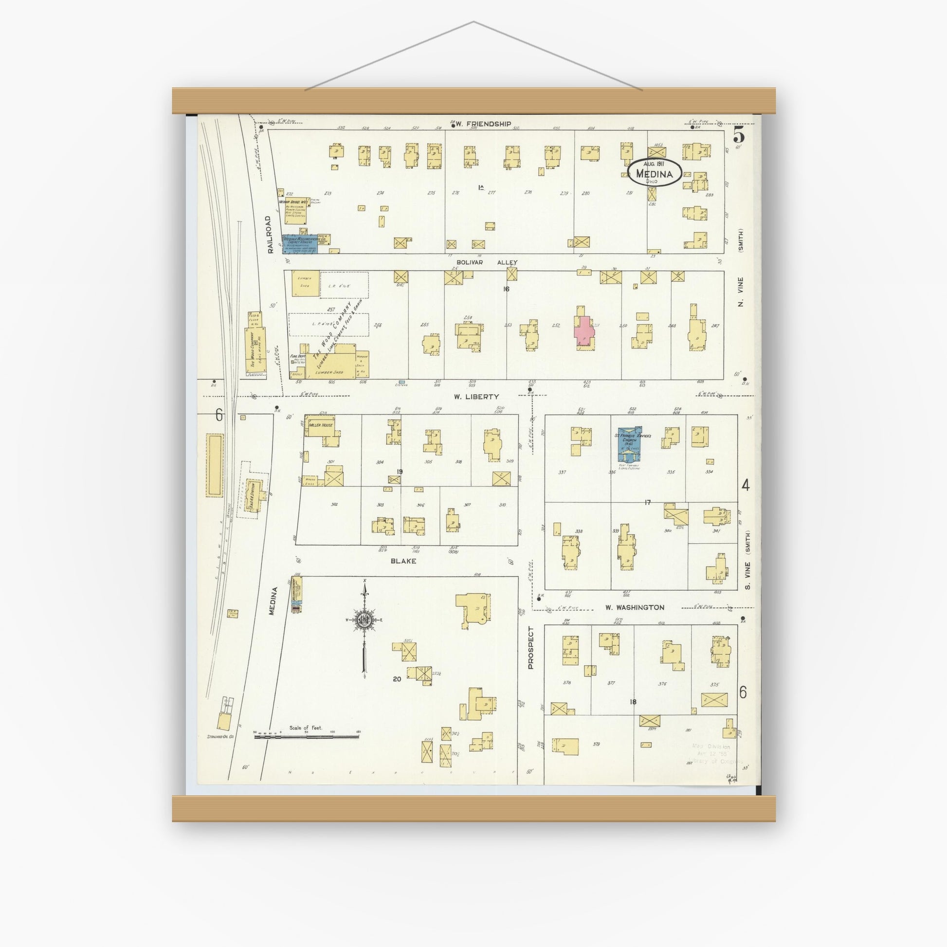 Old map wall art mockup — magnetic wood frame on white wall — Sanborn Fire Insurance Map from Medina, Medina County, Ohio (1911), Sheet #0005