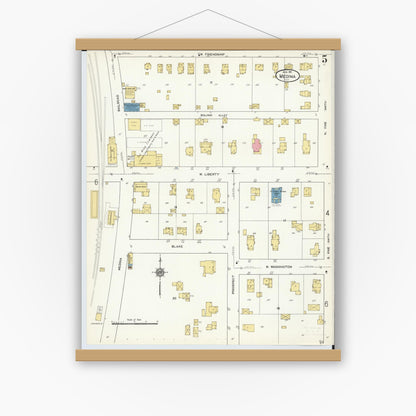 Old map wall art mockup — magnetic wood frame on white wall — Sanborn Fire Insurance Map from Medina, Medina County, Ohio (1911), Sheet #0005
