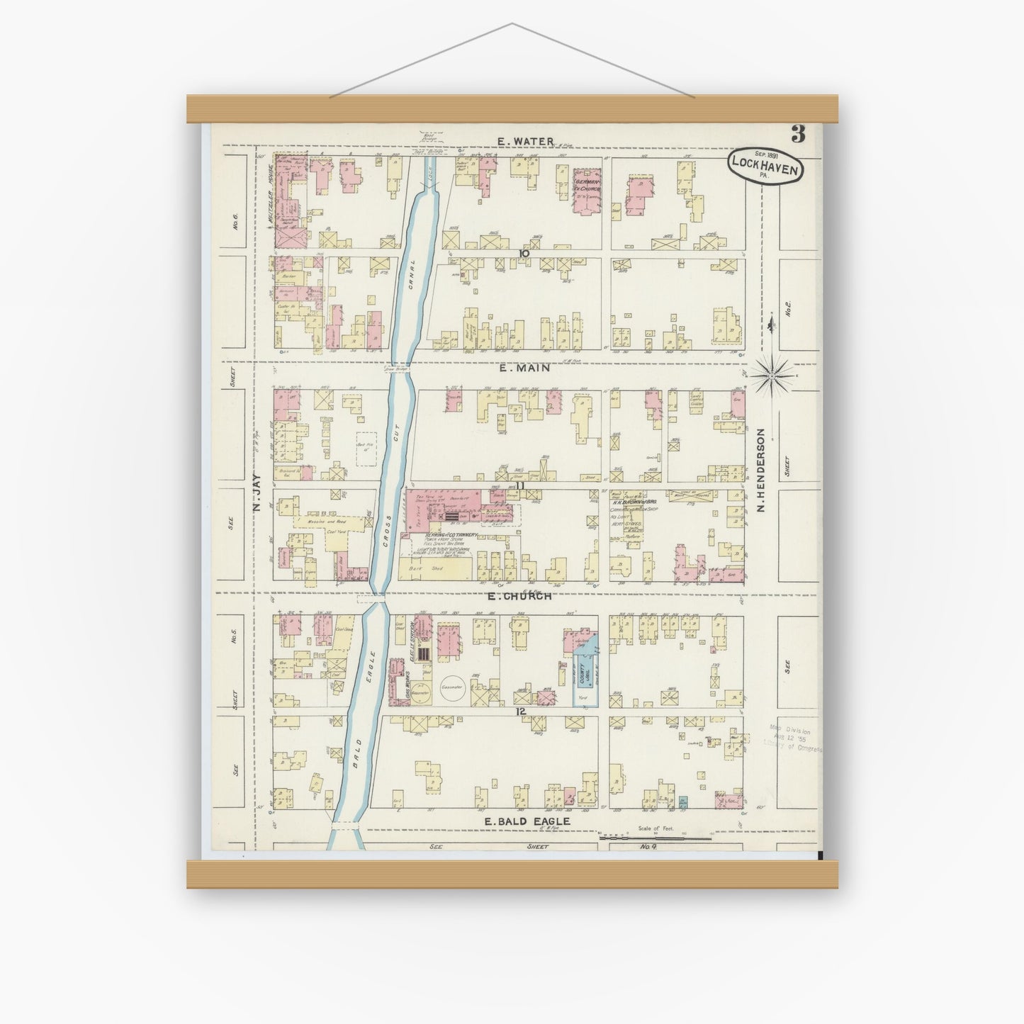 Old map wall art mockup — magnetic wood frame on white wall — Sanborn Fire Insurance Map from Lock Haven, Clinton County, Pennsylvania (1891), Sheet #0003
