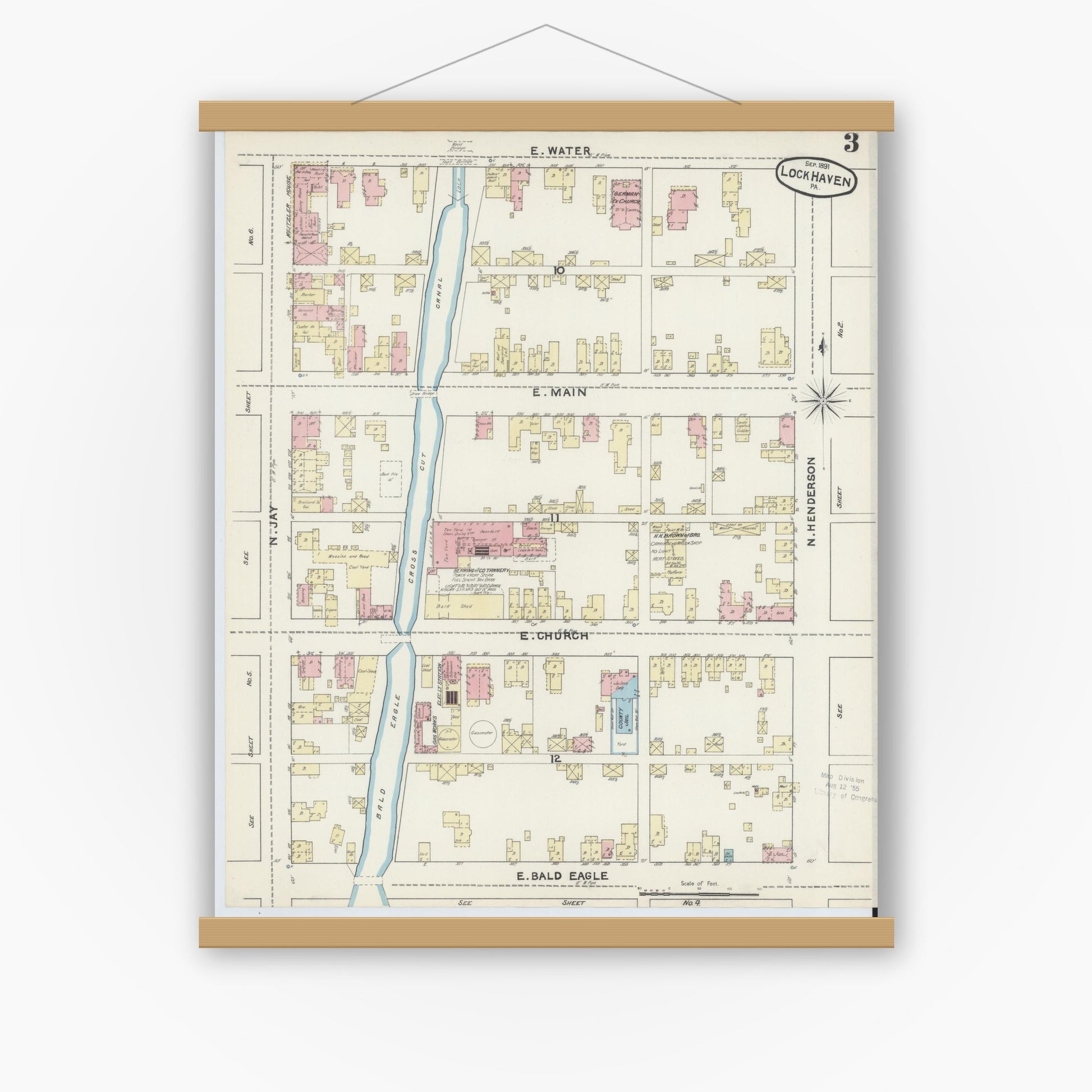 Old map wall art mockup — magnetic wood frame on white wall — Sanborn Fire Insurance Map from Lock Haven, Clinton County, Pennsylvania (1891), Sheet #0003