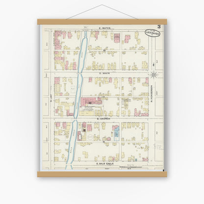 Old map wall art mockup — magnetic wood frame on white wall — Sanborn Fire Insurance Map from Lock Haven, Clinton County, Pennsylvania (1891), Sheet #0003