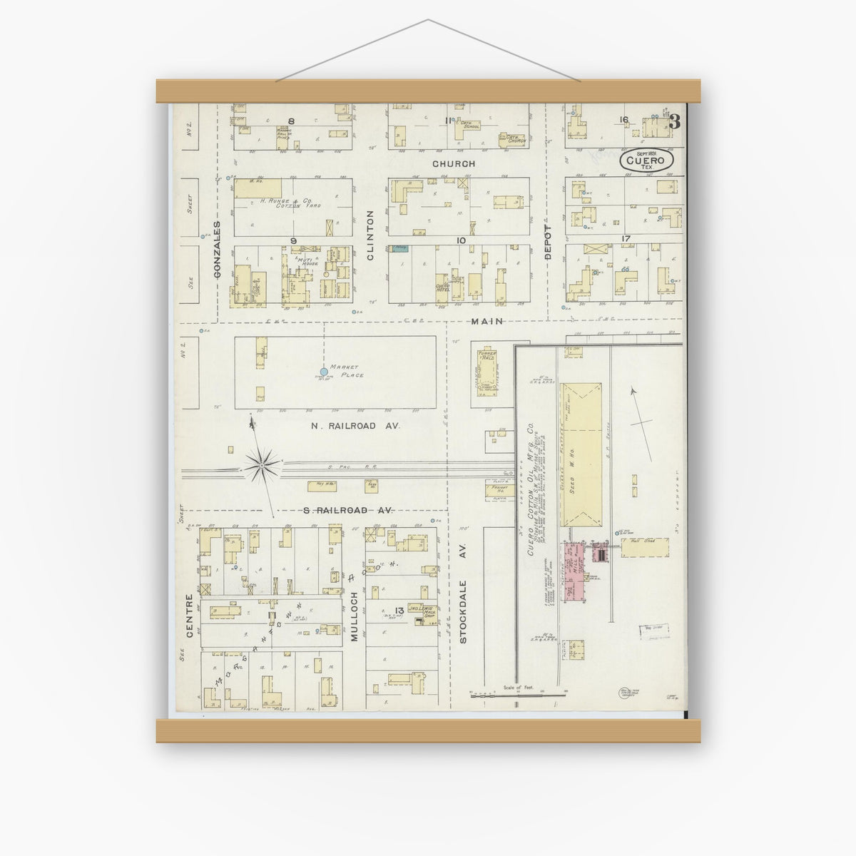 Old map wall art mockup — magnetic wood frame on white wall — Sanborn Fire Insurance Map from Cuero, De Witt County, Texas (1891), Sheet #0003