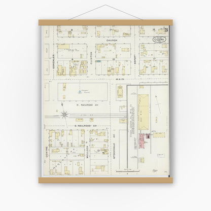 Old map wall art mockup — magnetic wood frame on white wall — Sanborn Fire Insurance Map from Cuero, De Witt County, Texas (1891), Sheet #0003
