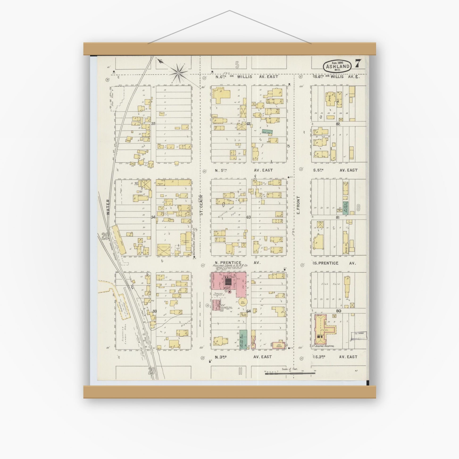 Old map wall art mockup — magnetic wood frame on white wall — Sanborn Fire Insurance Map from Ashland, Ashland County, Wisconsin (1895), Sheet #0007