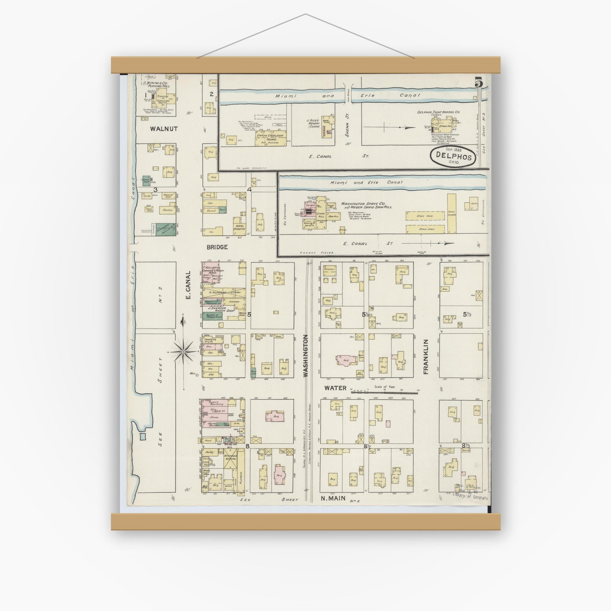 Old map wall art mockup — magnetic wood frame on white wall — Sanborn Fire Insurance Map from Delphos, Van Wert And Allen Counties, Ohio (1888), Sheet #0005