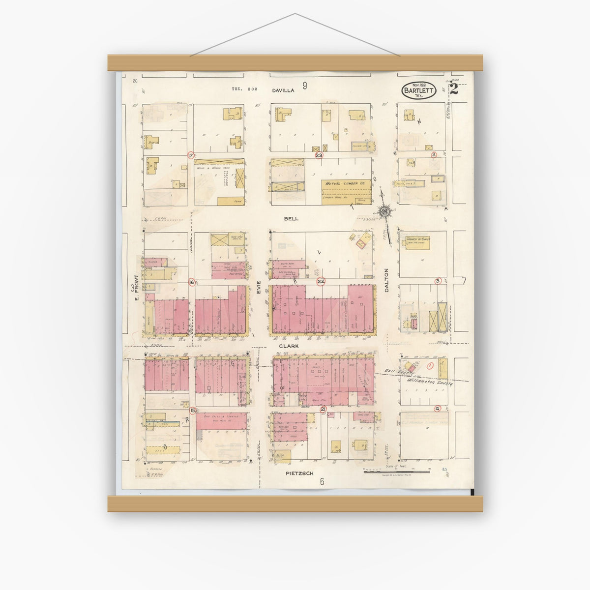 Old map wall art mockup — magnetic wood frame on white wall — Sanborn Fire Insurance Map from Bartlett, Bell and Williamson Counties, Texas (1940), Sheet #0002
