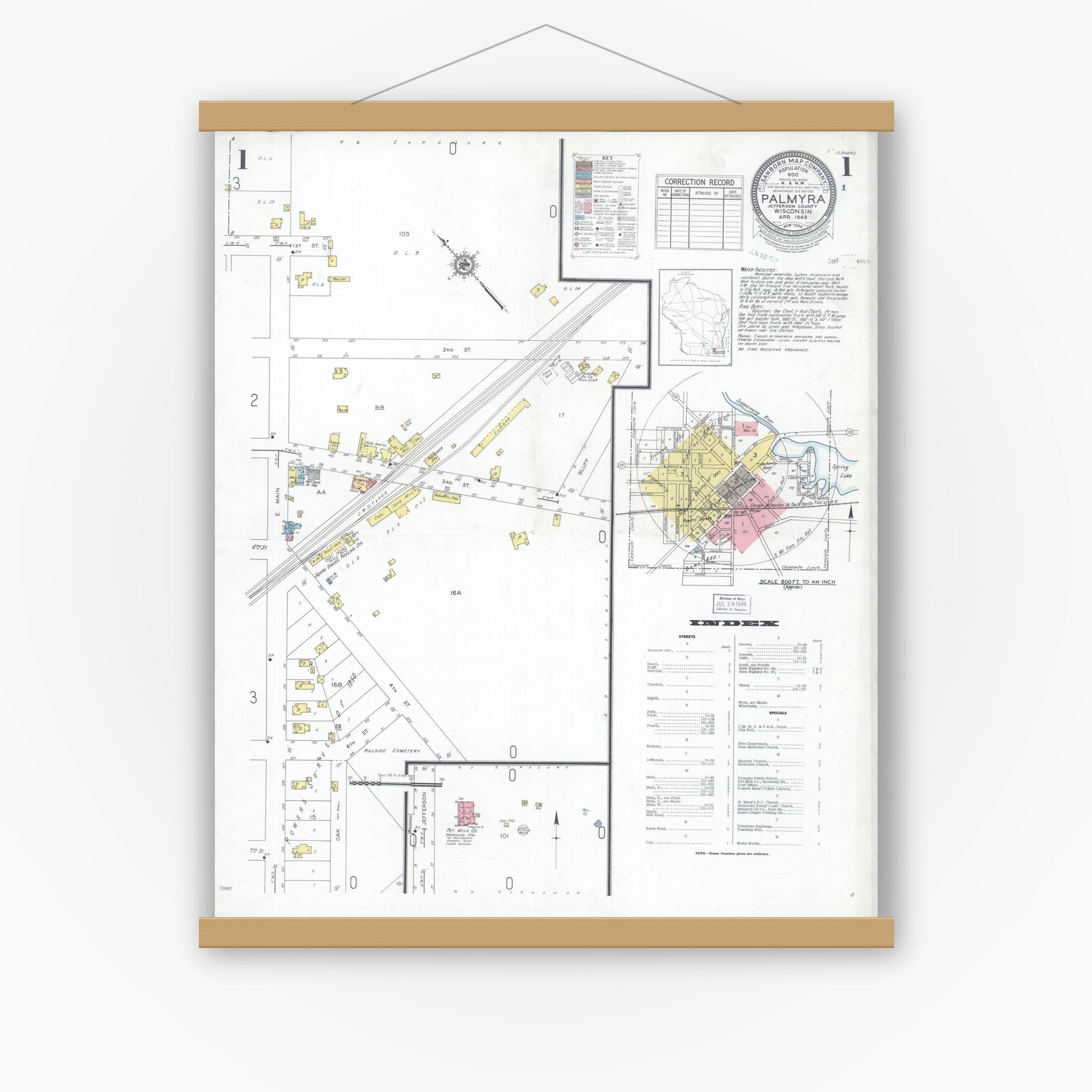 Old map wall art mockup — magnetic wood frame on white wall — Sanborn Fire Insurance Map from Palmyra, Jefferson County, Wisconsin (1949) - Complete Map Set
