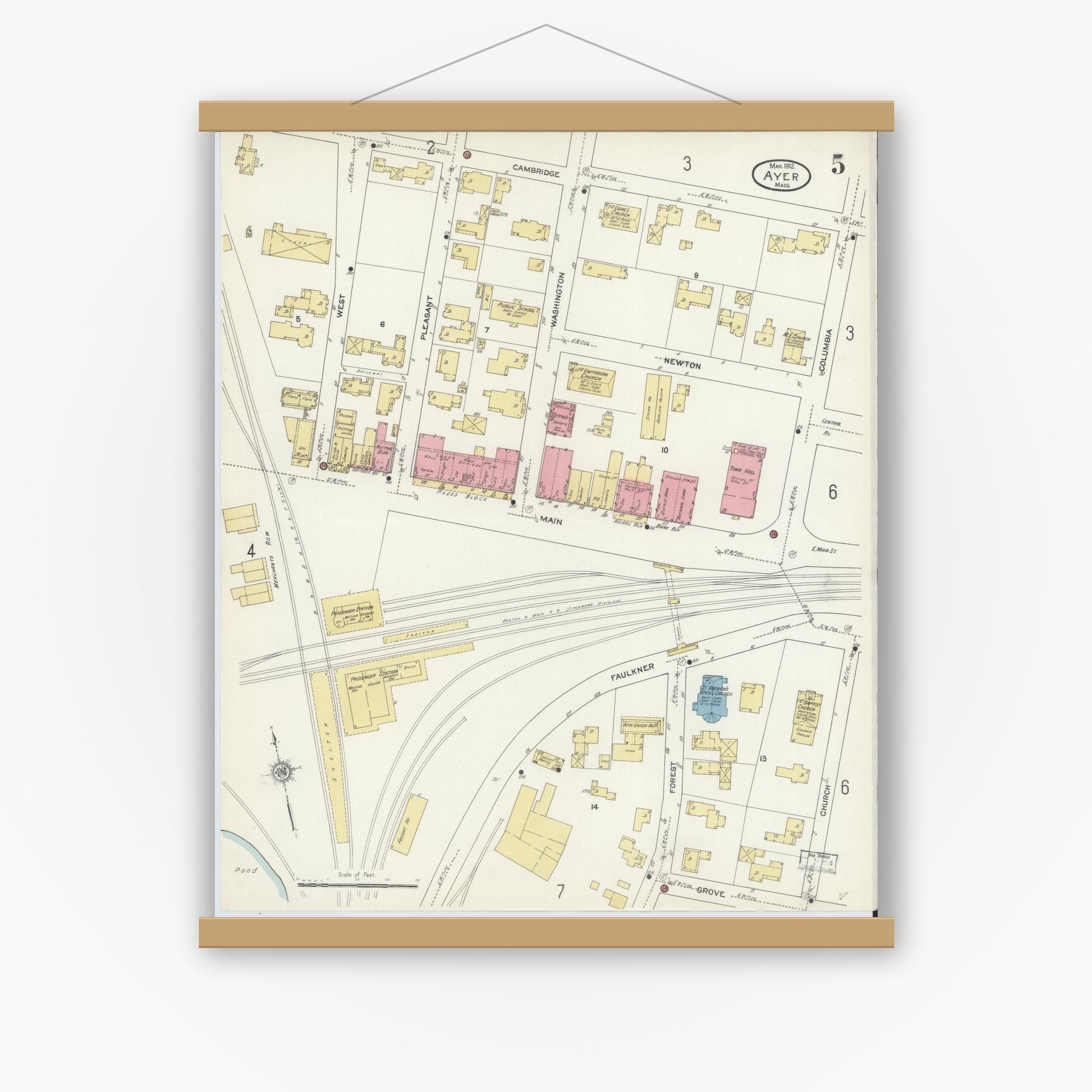 Old map wall art mockup — magnetic wood frame on white wall — Sanborn Fire Insurance Map from Ayer, Middlesex County, Massachusetts (1912), Sheet #0005