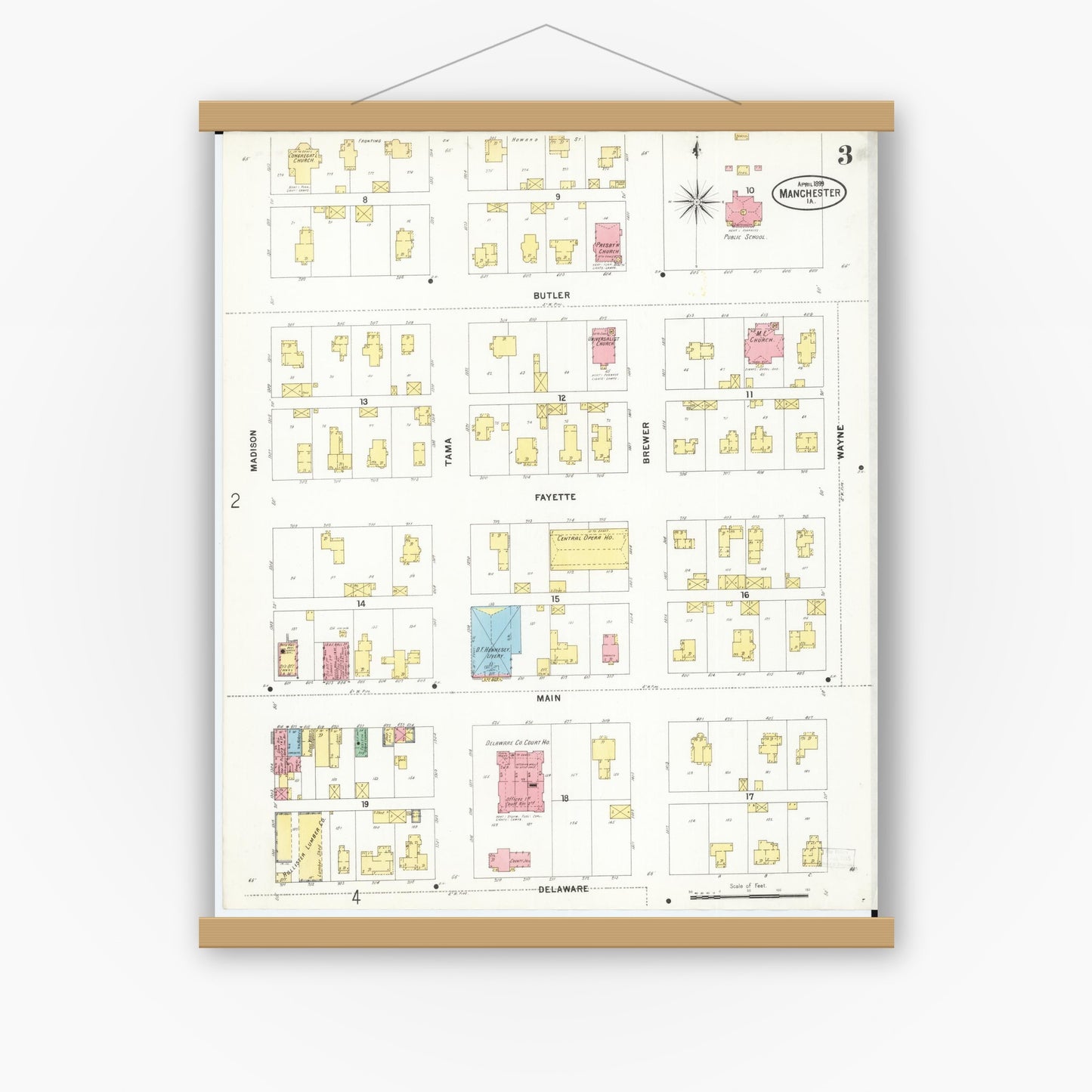 Old map wall art mockup — magnetic wood frame on white wall — Sanborn Fire Insurance Map from Manchester, Delaware County, Iowa (1899), Sheet #0003