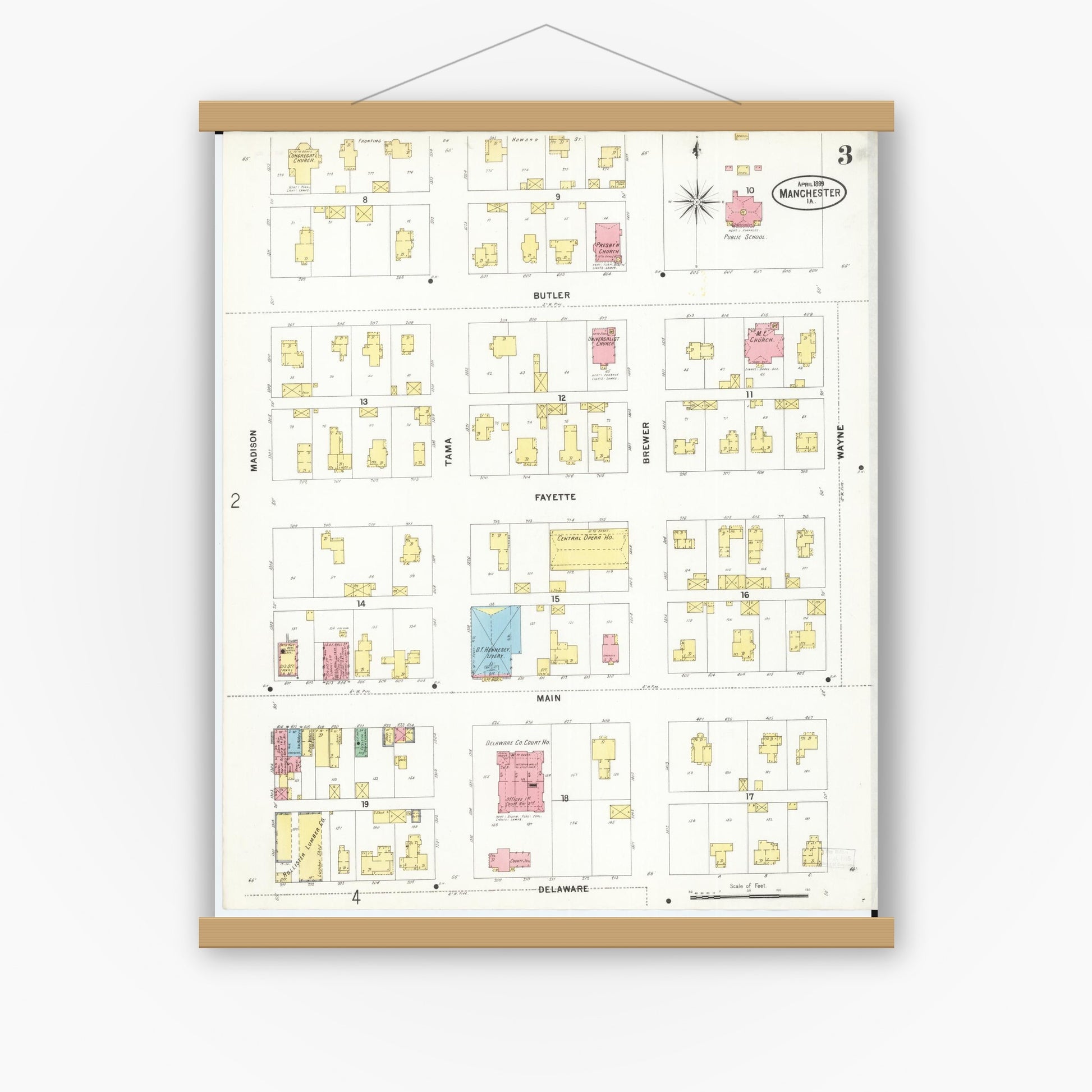 Old map wall art mockup — magnetic wood frame on white wall — Sanborn Fire Insurance Map from Manchester, Delaware County, Iowa (1899), Sheet #0003