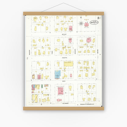 Old map wall art mockup — magnetic wood frame on white wall — Sanborn Fire Insurance Map from Manchester, Delaware County, Iowa (1899), Sheet #0003