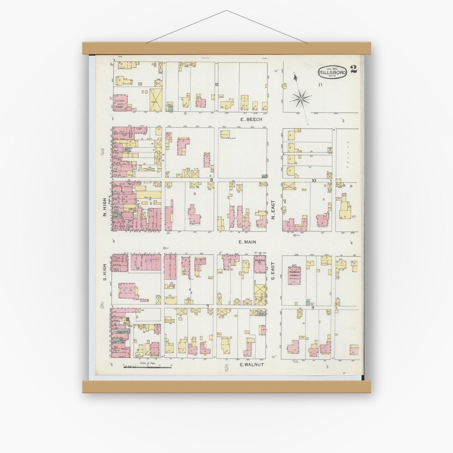 Old map wall art mockup — magnetic wood frame on white wall — Sanborn Fire Insurance Map from Hillsboro, Highland County, Ohio (1893), Sheet #0002