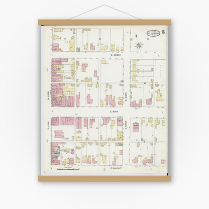 Old map wall art mockup — magnetic wood frame on white wall — Sanborn Fire Insurance Map from Hillsboro, Highland County, Ohio (1893), Sheet #0002