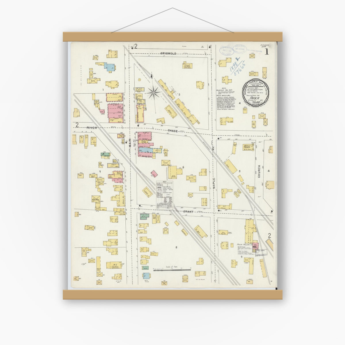 Old map wall art mockup — magnetic wood frame on white wall — Sanborn Fire Insurance Map from Avoca, Steuben County, New York (1898), Sheet #0001