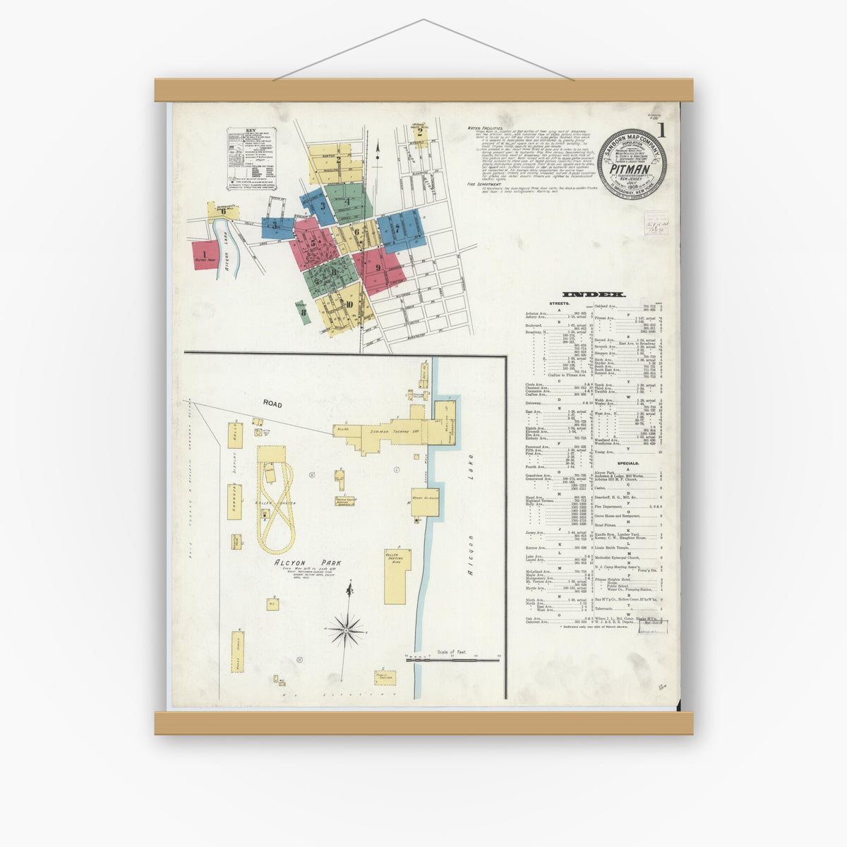 Old map wall art mockup — magnetic wood frame on white wall — Sanborn Fire Insurance Map from Pitman, Gloucester County, New Jersey (1908) - Complete Map Set