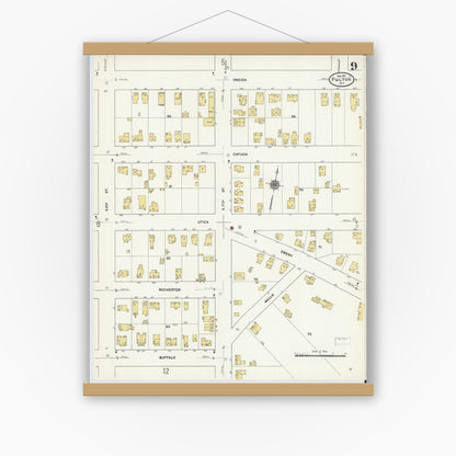 Old map wall art mockup — magnetic wood frame on white wall — Sanborn Fire Insurance Map from Fulton, Oswego County, New York (1911), Sheet #0009