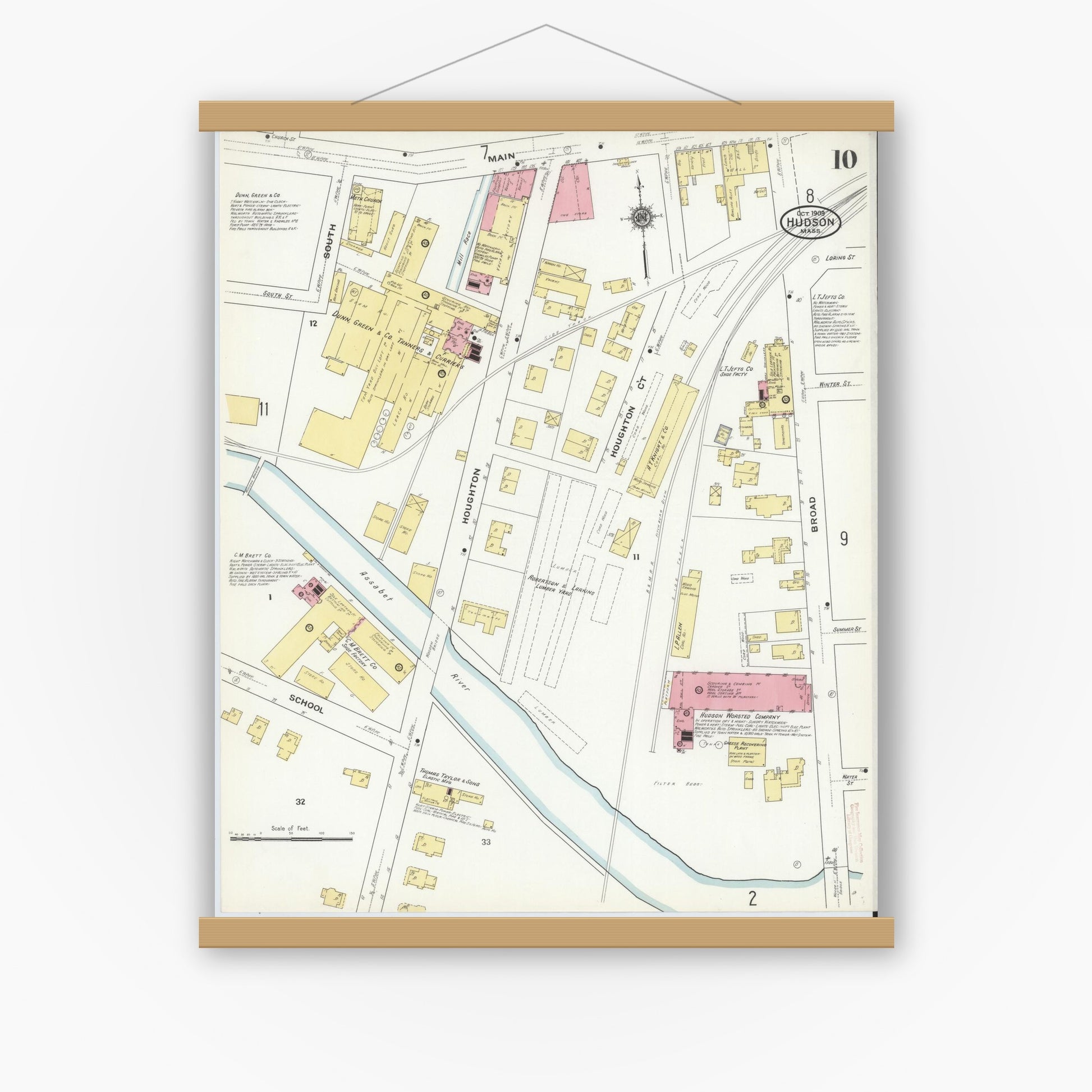 Old map wall art mockup — magnetic wood frame on white wall — Sanborn Fire Insurance Map from Hudson, Middlesex County, Massachusetts (1909), Sheet #0010