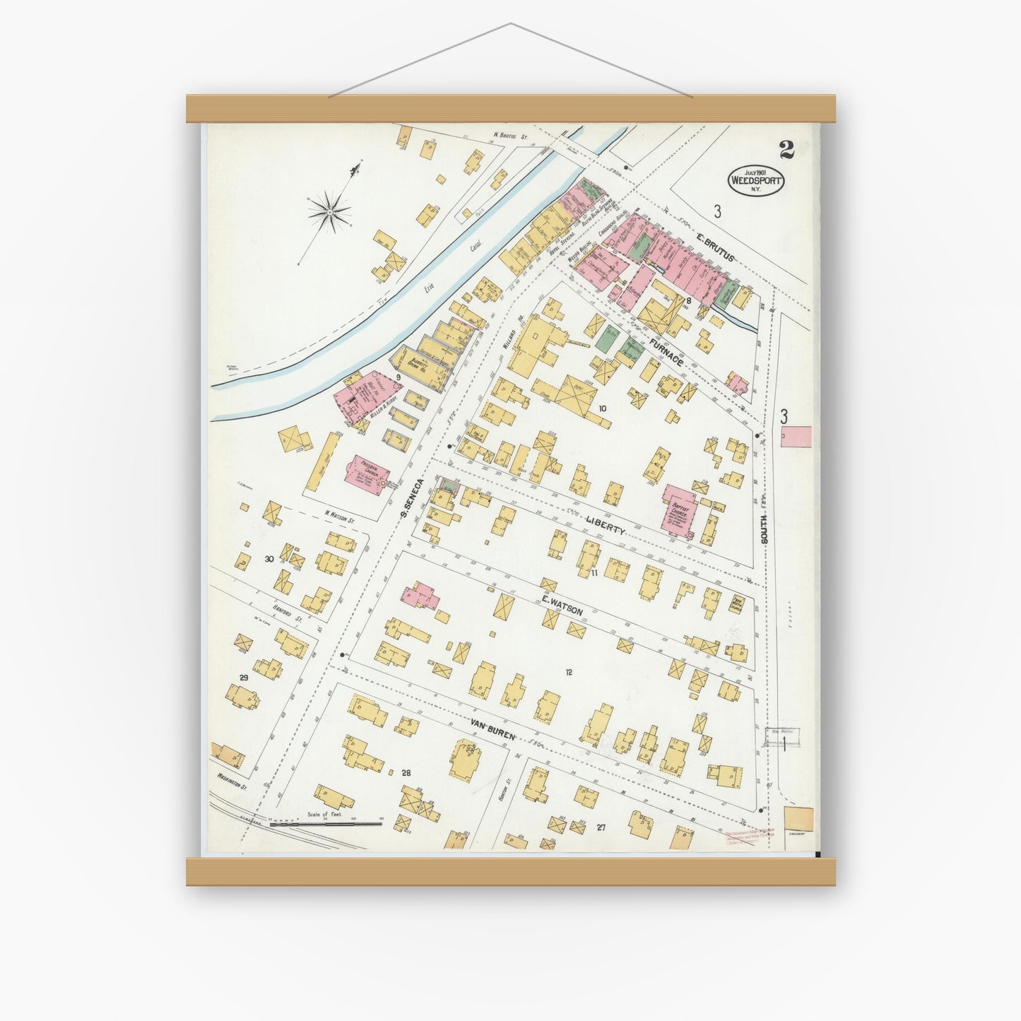 Old map wall art mockup — magnetic wood frame on white wall — Sanborn Fire Insurance Map from Weedsport, Cayuga County, New York (1901), Sheet #0002