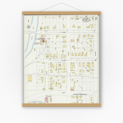 Old map wall art mockup — magnetic wood frame on white wall — Sanborn Fire Insurance Map from Merrill, Lincoln County, Wisconsin (1898), Sheet #0007
