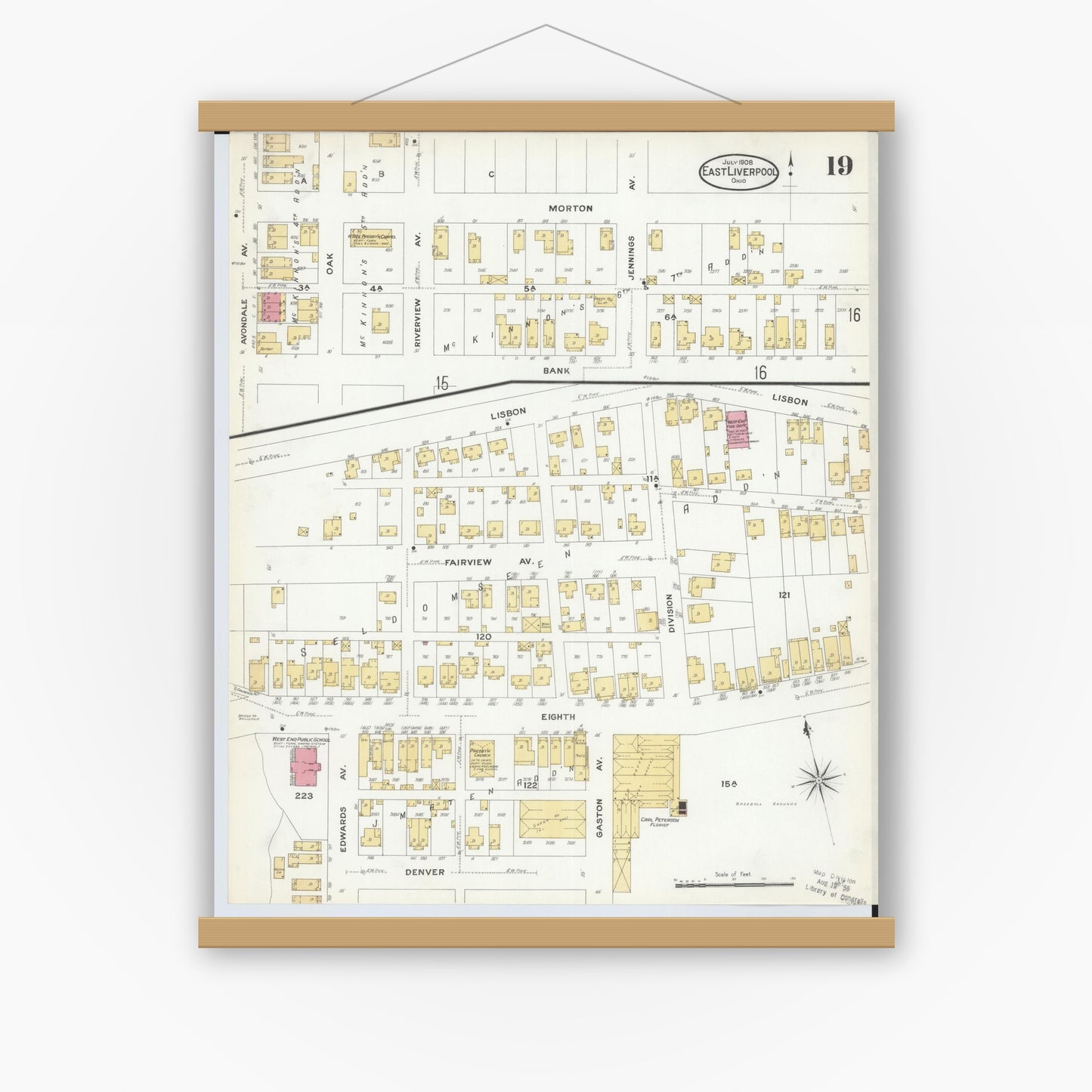 Old map wall art mockup — magnetic wood frame on white wall — Sanborn Fire Insurance Map from East Liverpool, Columbiana County, Ohio (1908), Sheet #0019