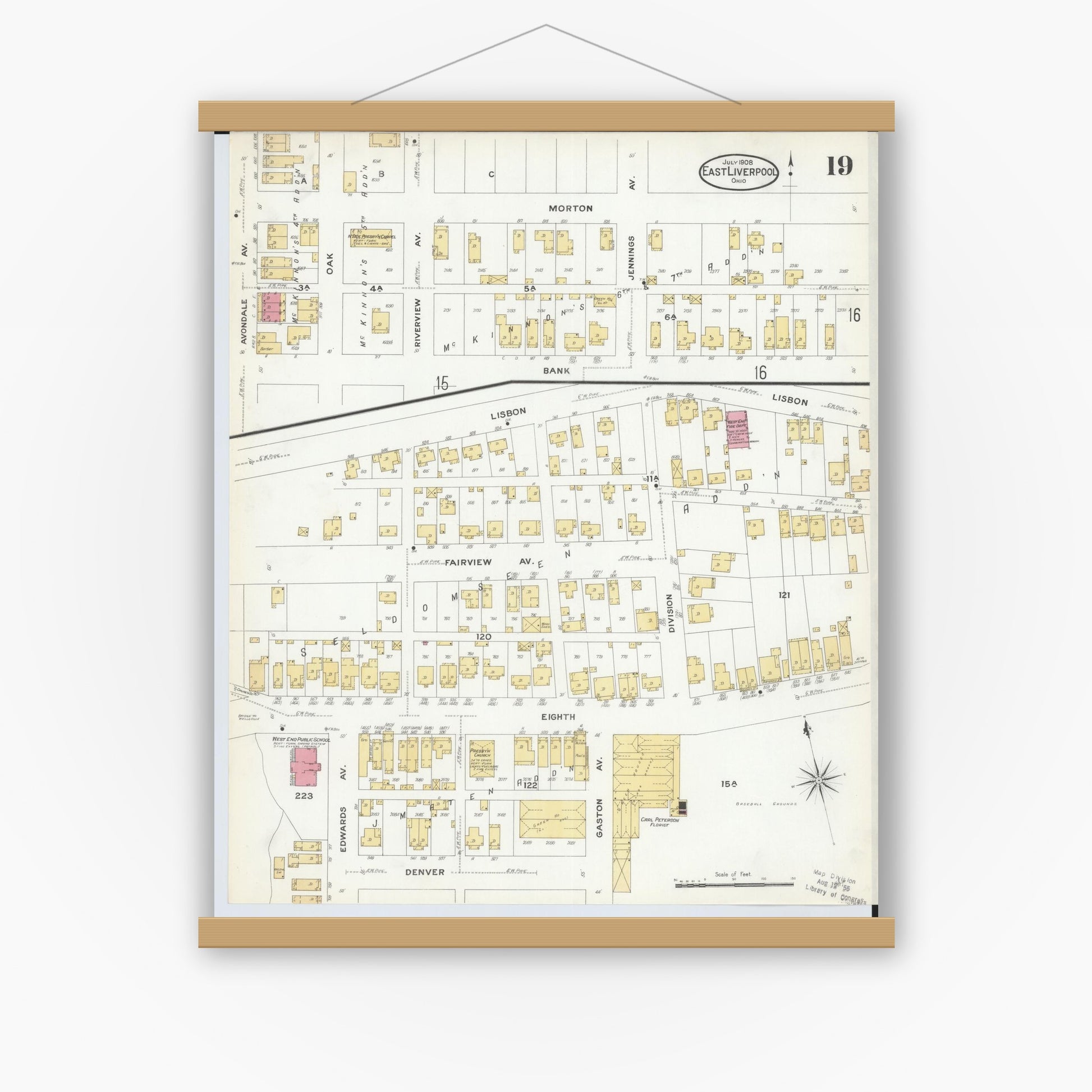 Old map wall art mockup — magnetic wood frame on white wall — Sanborn Fire Insurance Map from East Liverpool, Columbiana County, Ohio (1908), Sheet #0019