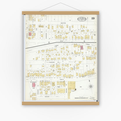 Old map wall art mockup — magnetic wood frame on white wall — Sanborn Fire Insurance Map from East Liverpool, Columbiana County, Ohio (1908), Sheet #0019