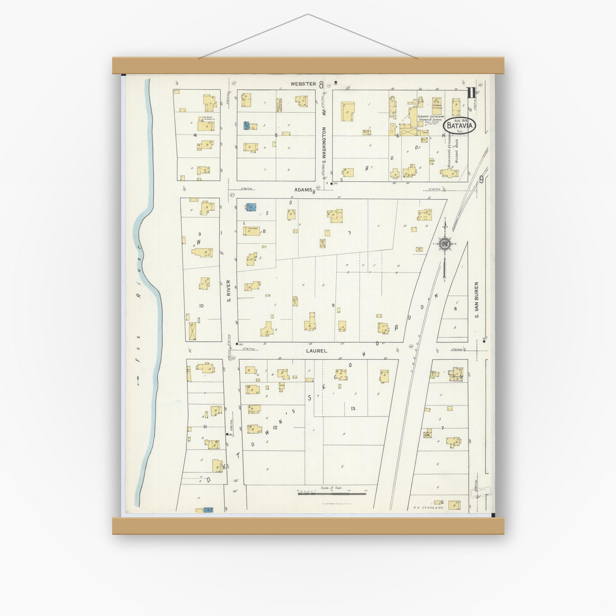 Old map wall art mockup — magnetic wood frame on white wall — Sanborn Fire Insurance Map from Batavia, Kane County, Illinois (1916), Sheet #0011
