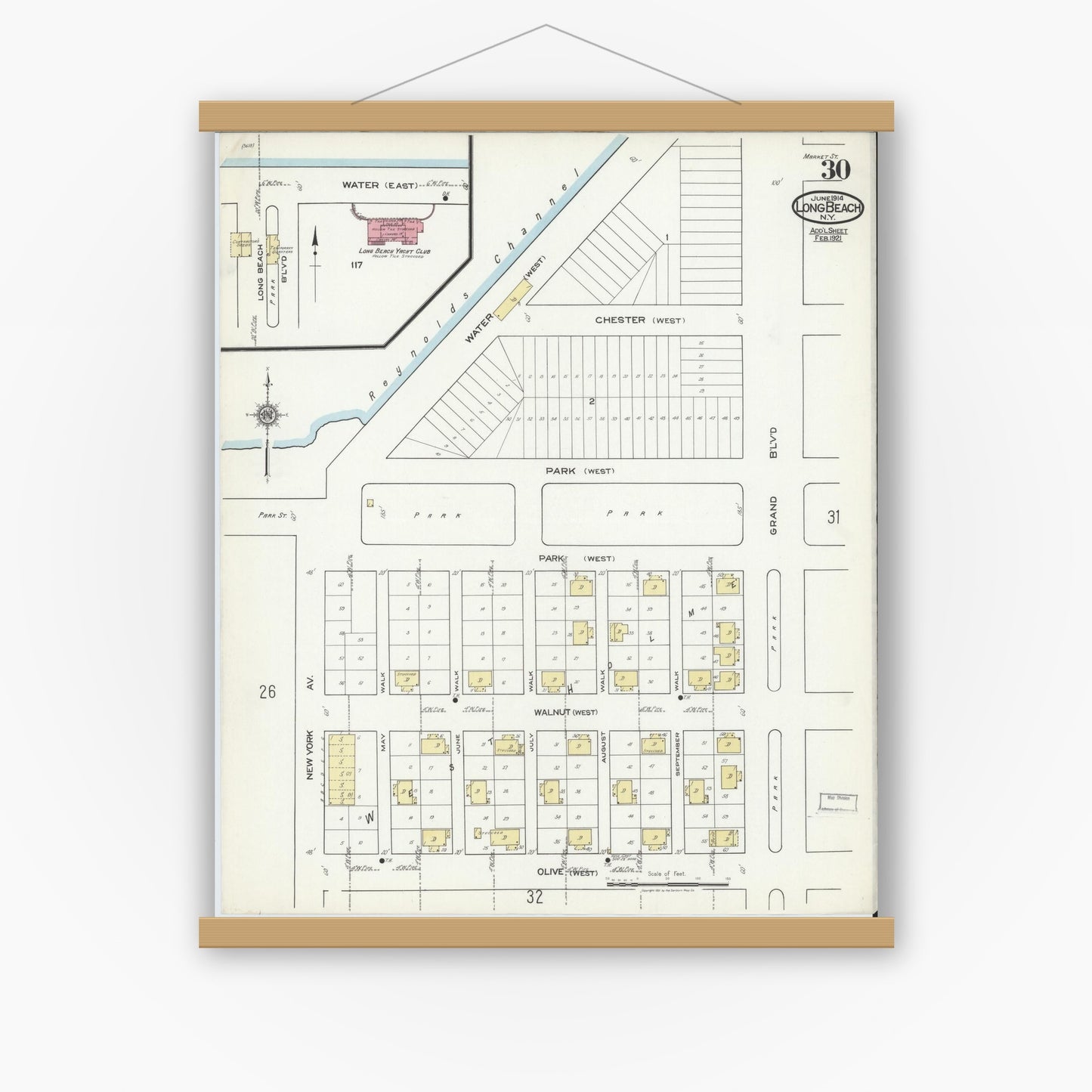Old map wall art mockup — magnetic wood frame on white wall — Sanborn Fire Insurance Map from Long Beach, Nassau County, New York (1914), Sheet #0030