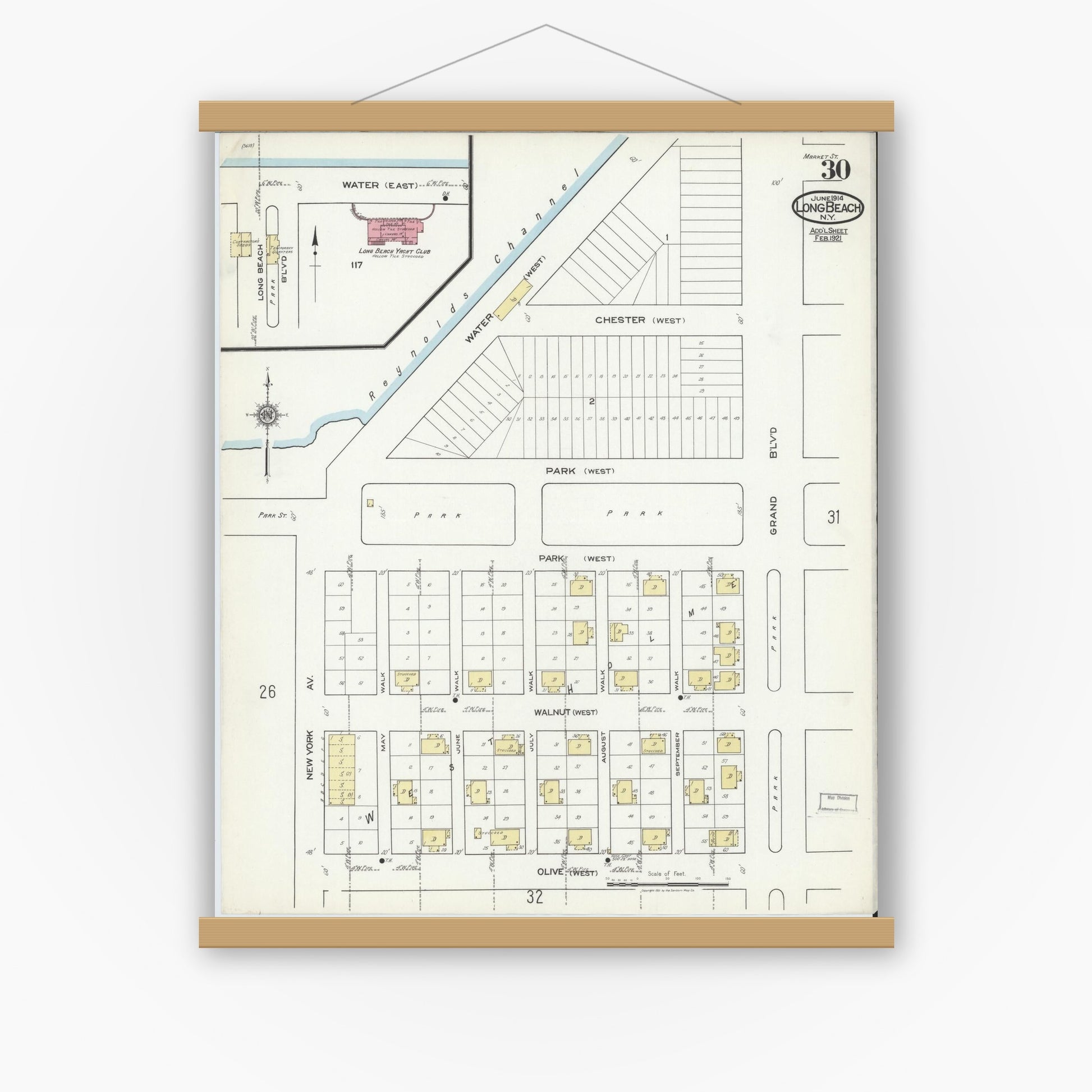 Old map wall art mockup — magnetic wood frame on white wall — Sanborn Fire Insurance Map from Long Beach, Nassau County, New York (1914), Sheet #0030