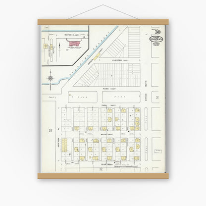 Old map wall art mockup — magnetic wood frame on white wall — Sanborn Fire Insurance Map from Long Beach, Nassau County, New York (1914), Sheet #0030