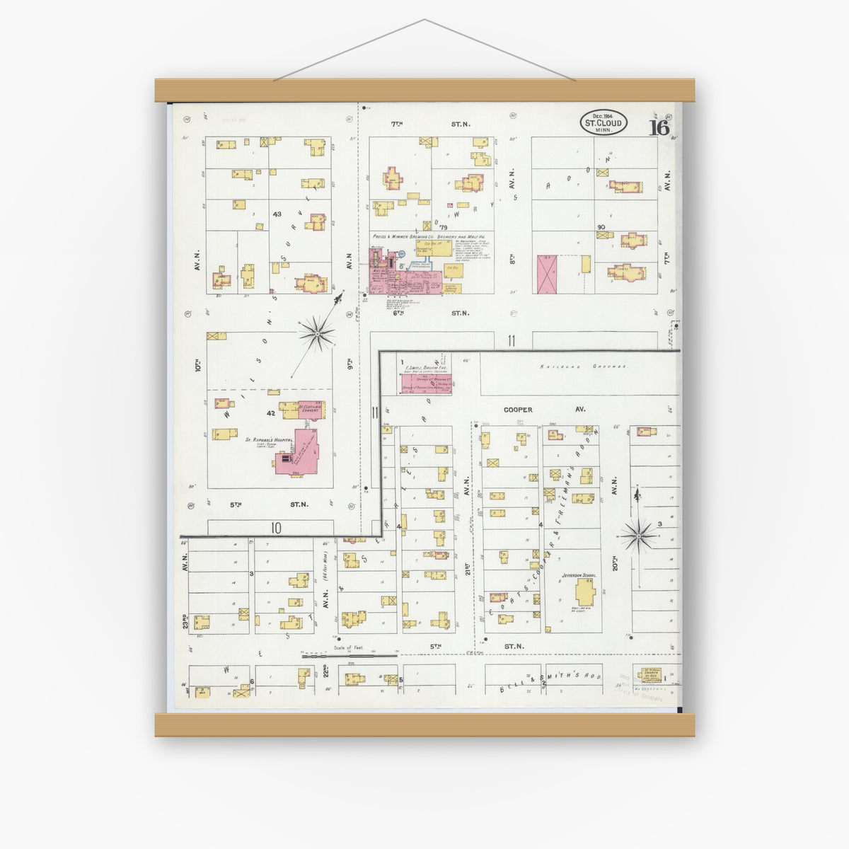 Old map wall art mockup — magnetic wood frame on white wall — Sanborn Fire Insurance Map from Saint Cloud, Stearns, Benton, and Sherburne Counties, Minnesota (1904), Sheet #0016