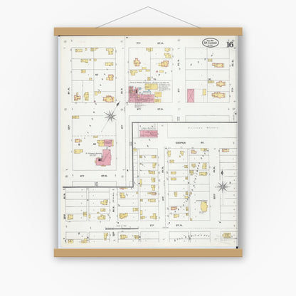 Old map wall art mockup — magnetic wood frame on white wall — Sanborn Fire Insurance Map from Saint Cloud, Stearns, Benton, and Sherburne Counties, Minnesota (1904), Sheet #0016