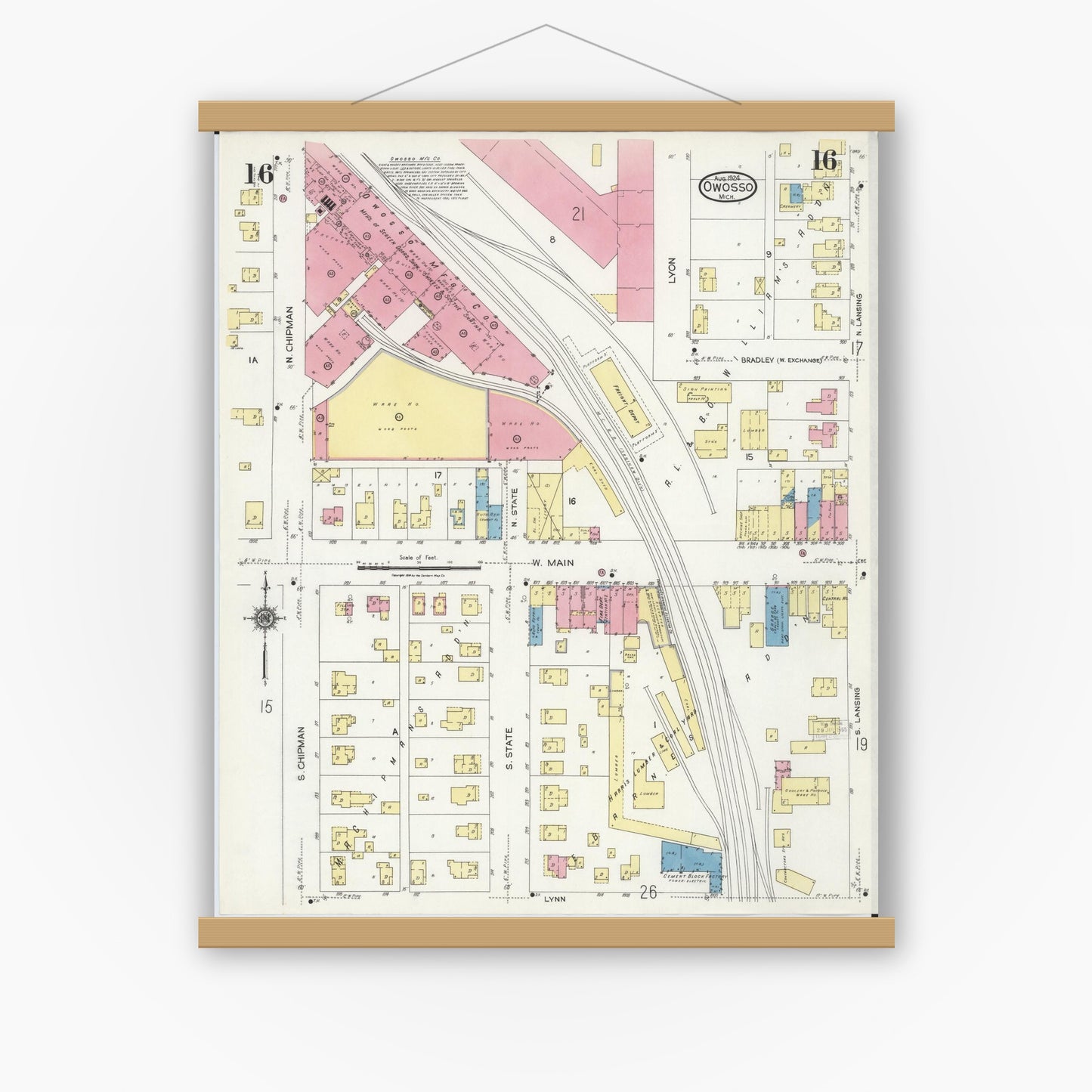 Old map wall art mockup — magnetic wood frame on white wall — Sanborn Fire Insurance Map from Owosso, Shiawassee County, Michigan (1924), Sheet #0016
