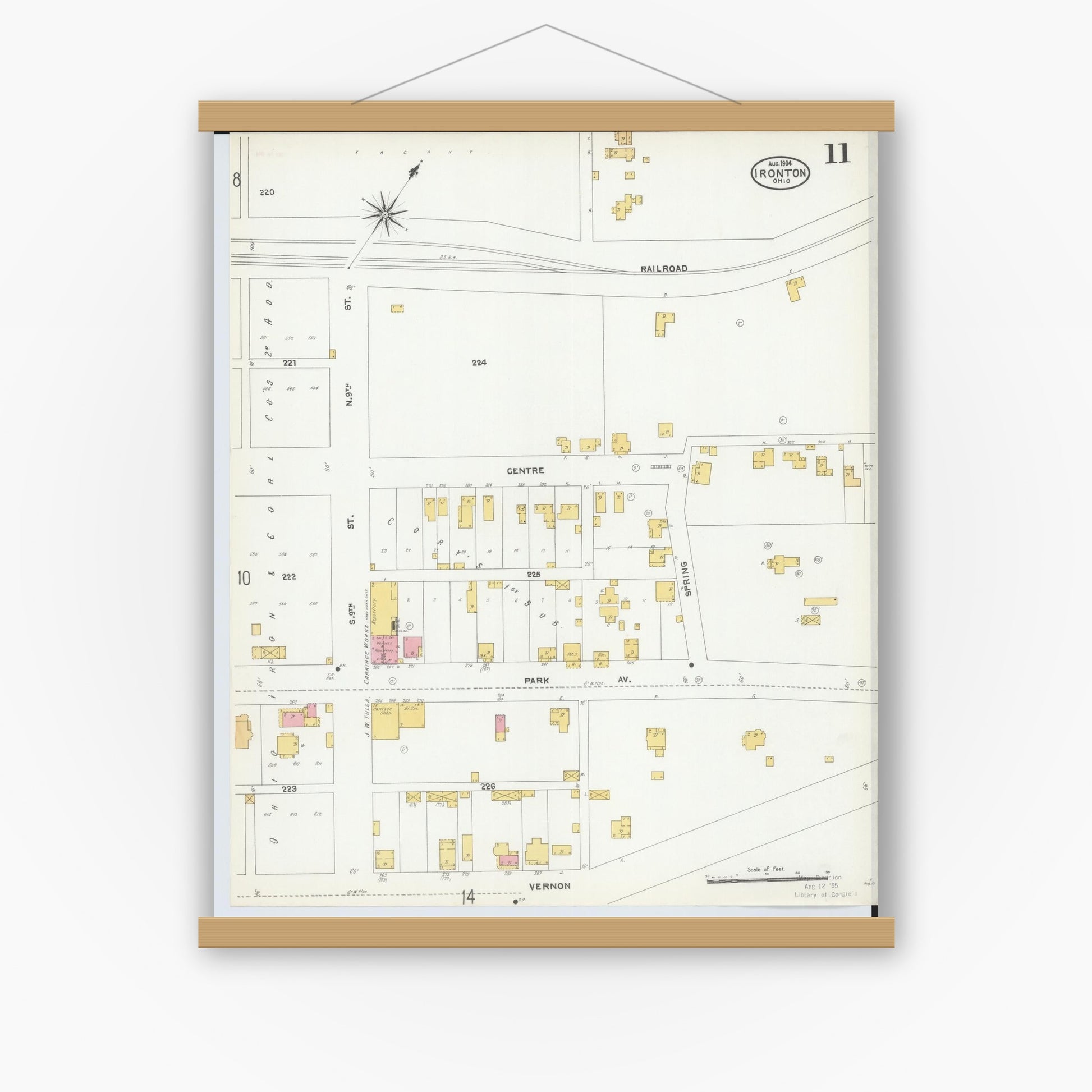 Old map wall art mockup — magnetic wood frame on white wall — Sanborn Fire Insurance Map from Ironton, Lawrence County, Ohio (1904), Sheet #0011