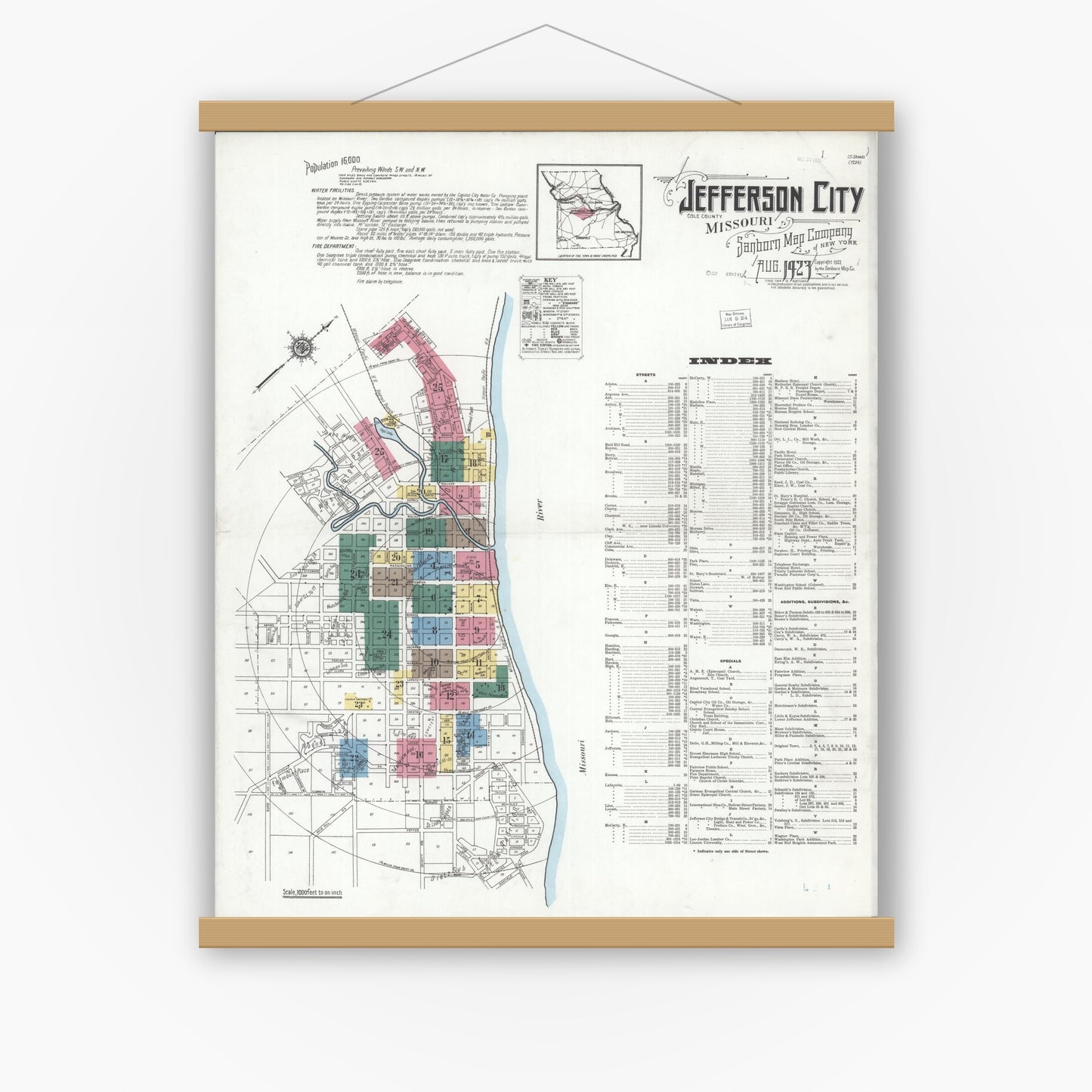 Old map wall art mockup — magnetic wood frame on white wall — Sanborn Fire Insurance Map from Jefferson City, Cole County, Missouri (1923), Sheet #0001
