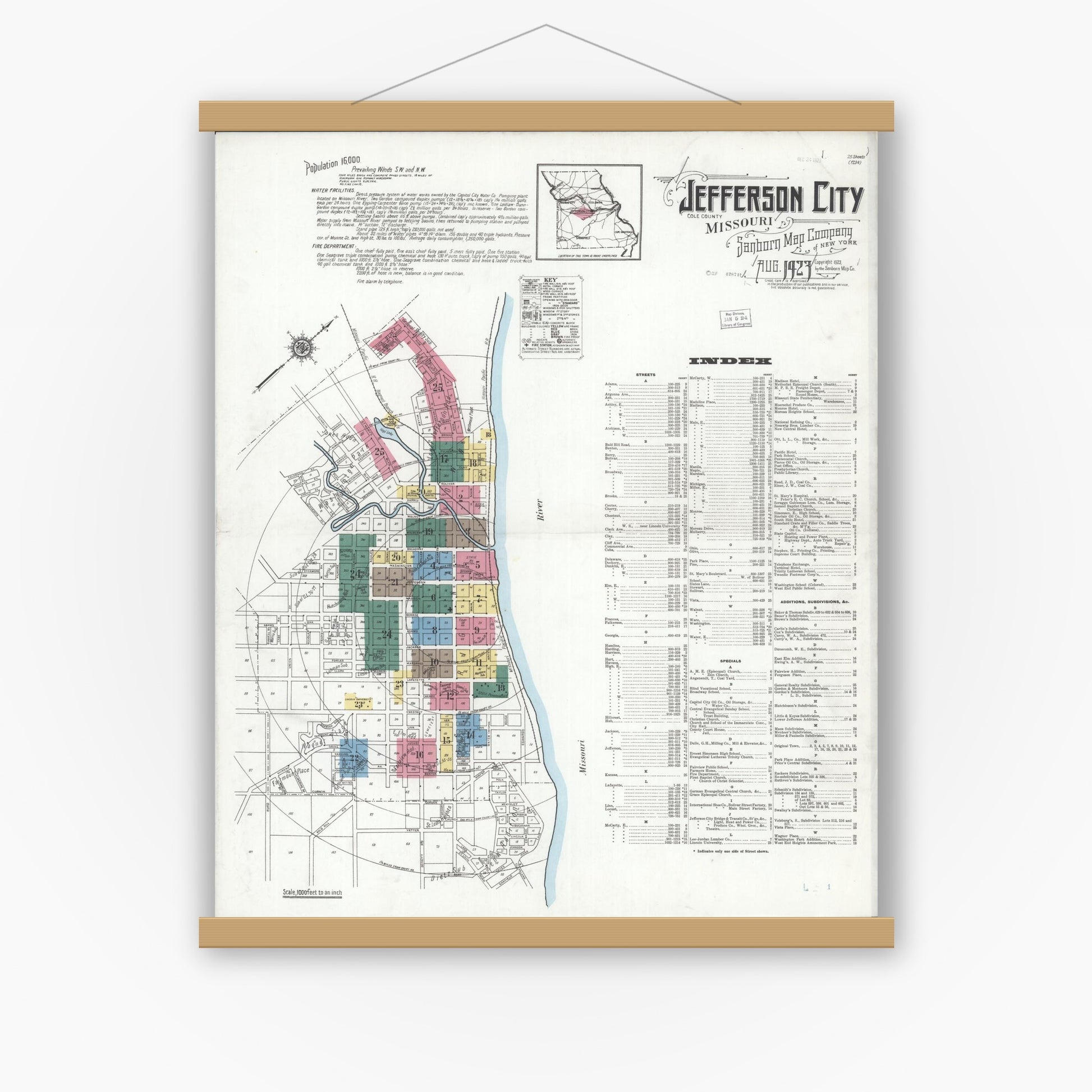Old map wall art mockup — magnetic wood frame on white wall — Sanborn Fire Insurance Map from Jefferson City, Cole County, Missouri (1923), Sheet #0001