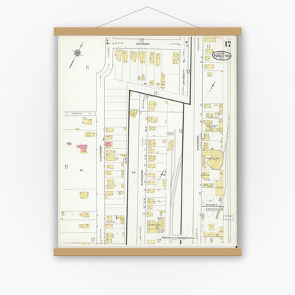 Old map wall art mockup — magnetic wood frame on white wall — Sanborn Fire Insurance Map from Princeton, Mercer County, New Jersey (1918), Sheet #0017
