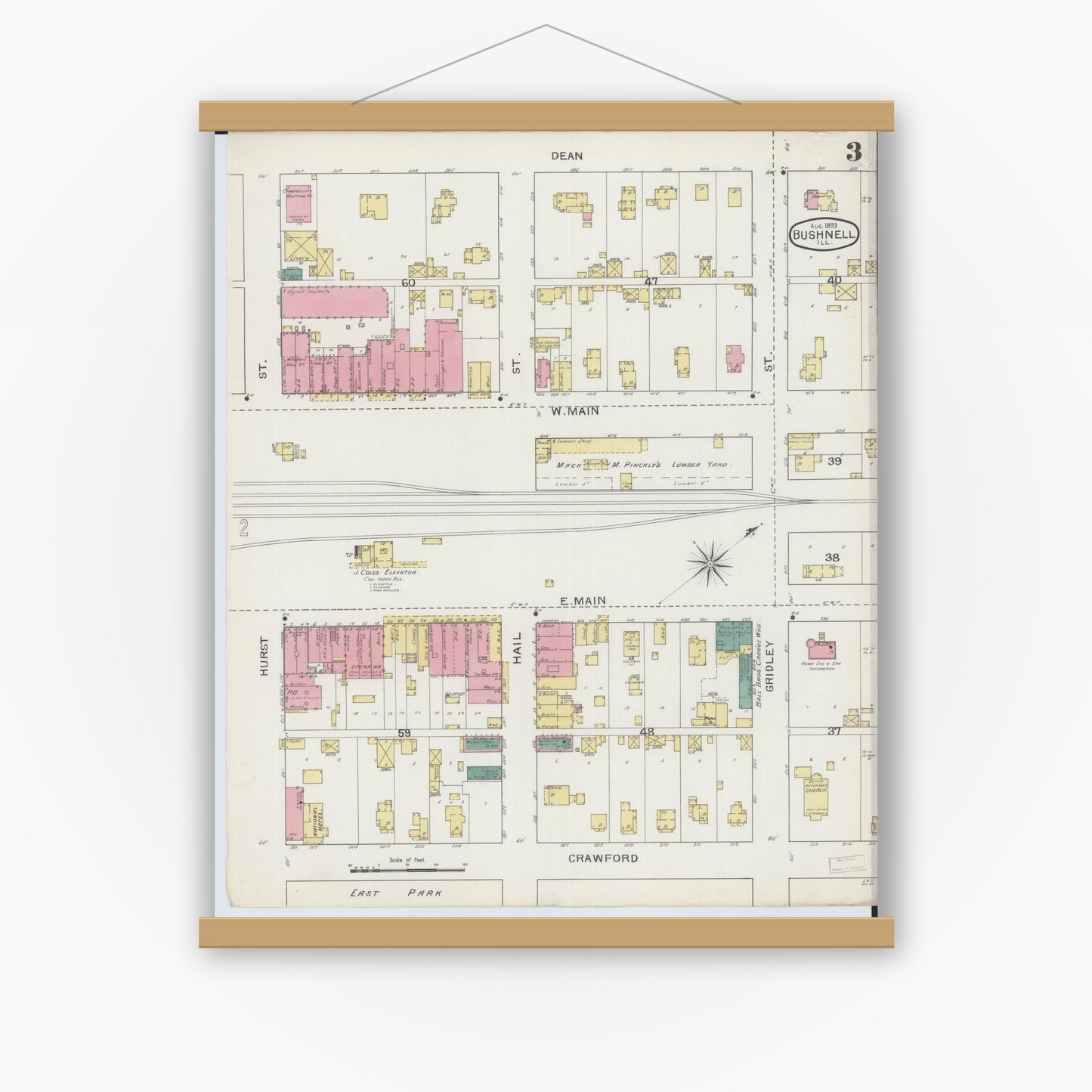 Old map wall art mockup — magnetic wood frame on white wall — Sanborn Fire Insurance Map from Bushnell, Mcdonough County, Illinois (1893), Sheet #0003