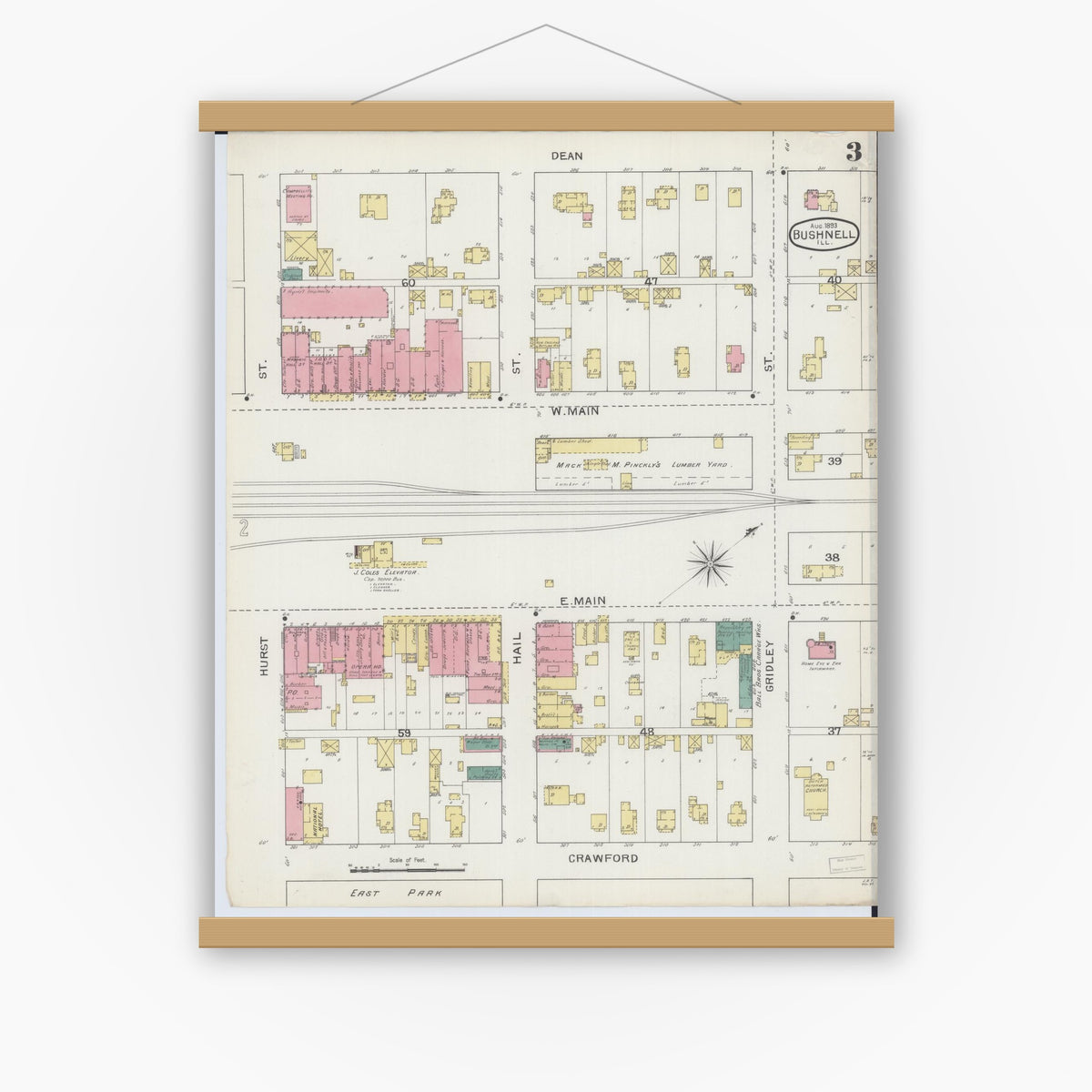 Old map wall art mockup — magnetic wood frame on white wall — Sanborn Fire Insurance Map from Bushnell, Mcdonough County, Illinois (1893), Sheet #0003