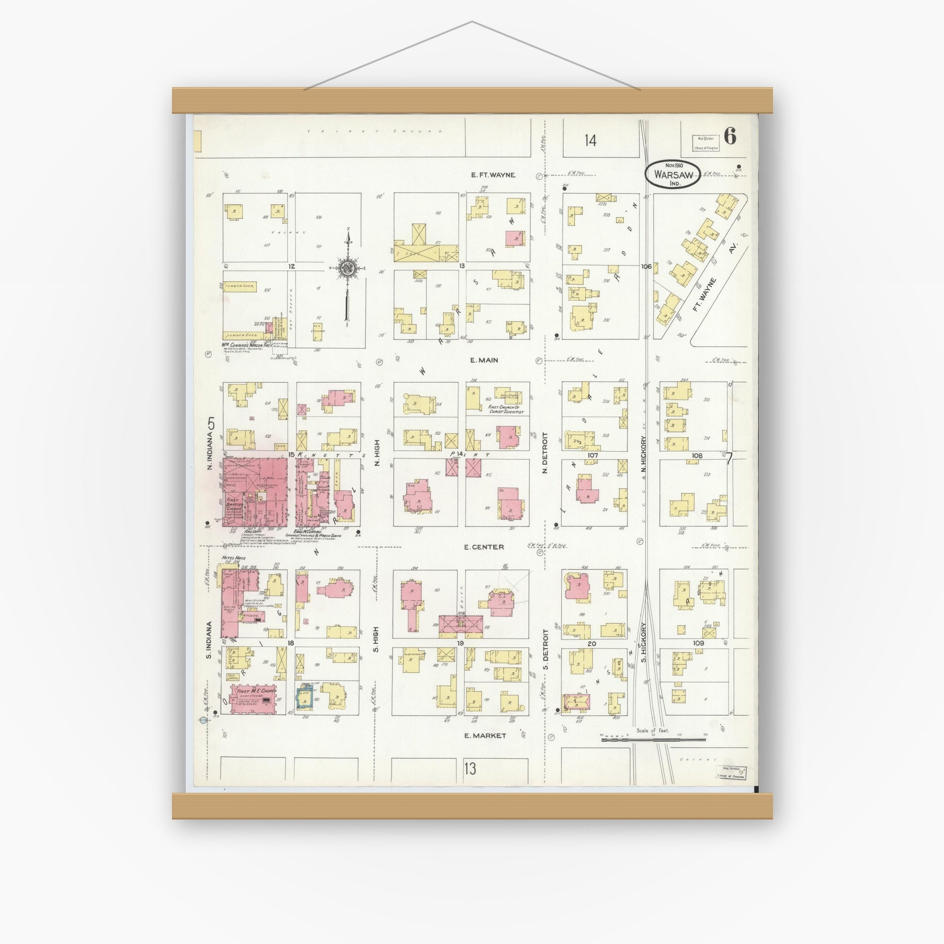 Old map wall art mockup — magnetic wood frame on white wall — Sanborn Fire Insurance Map from Warsaw, Kosciusko County, Indiana (1910), Sheet #0006