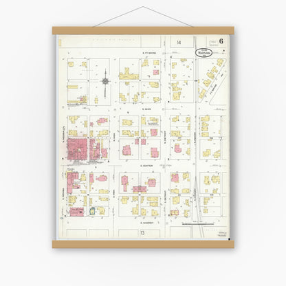 Old map wall art mockup — magnetic wood frame on white wall — Sanborn Fire Insurance Map from Warsaw, Kosciusko County, Indiana (1910), Sheet #0006
