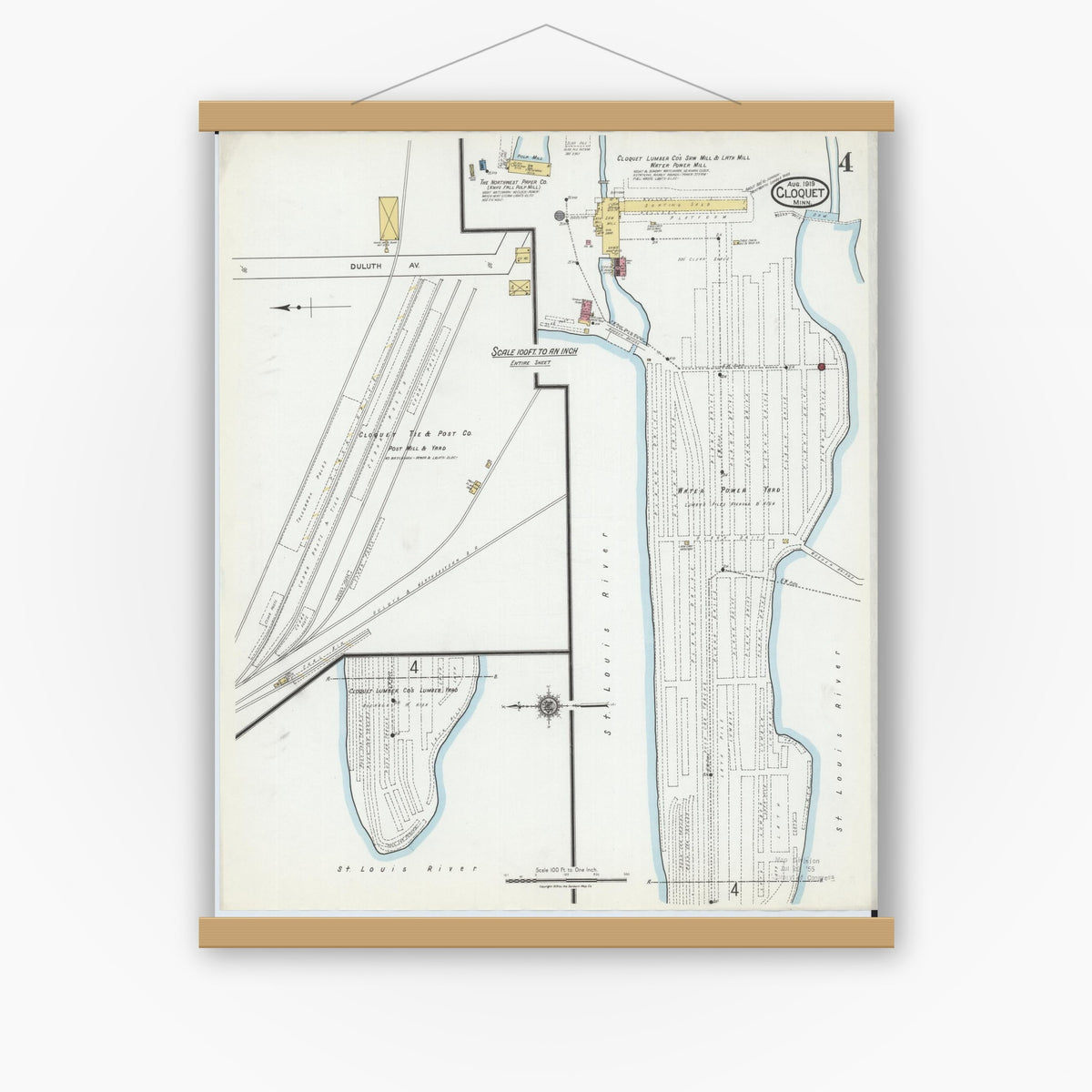 Old map wall art mockup — magnetic wood frame on white wall — Sanborn Fire Insurance Map from Cloquet, Carlton County, Minnesota (1919), Sheet #0004