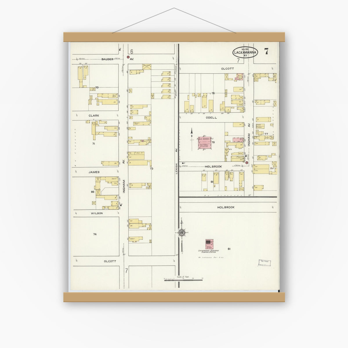 Old map wall art mockup — magnetic wood frame on white wall — Sanborn Fire Insurance Map from Lackawanna, Erie County, New York (1915), Sheet #0007