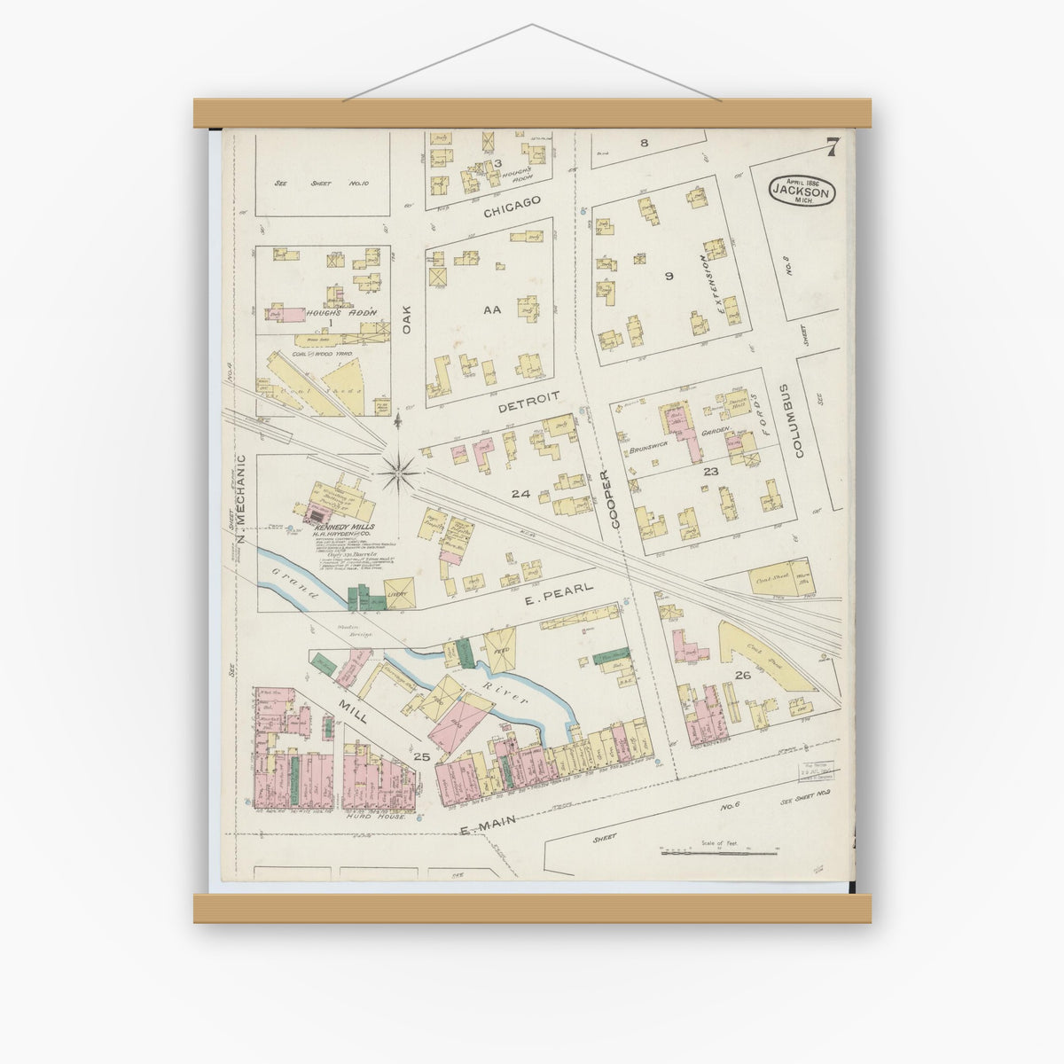 Old map wall art mockup — magnetic wood frame on white wall — Sanborn Fire Insurance Map from Jackson, Jackson County, Michigan (1886), Sheet #0007