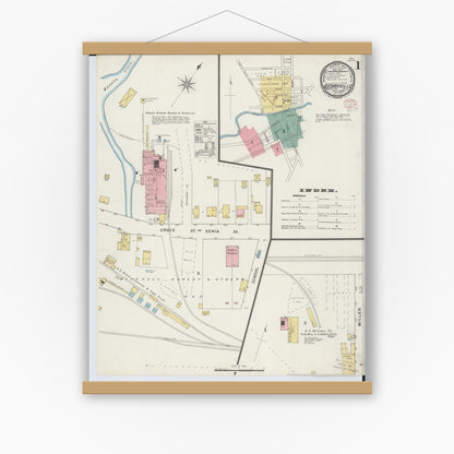 Old map wall art mockup — magnetic wood frame on white wall — Sanborn Fire Insurance Map from Cedarville, Greene County, Ohio (1895) - Complete Map Set