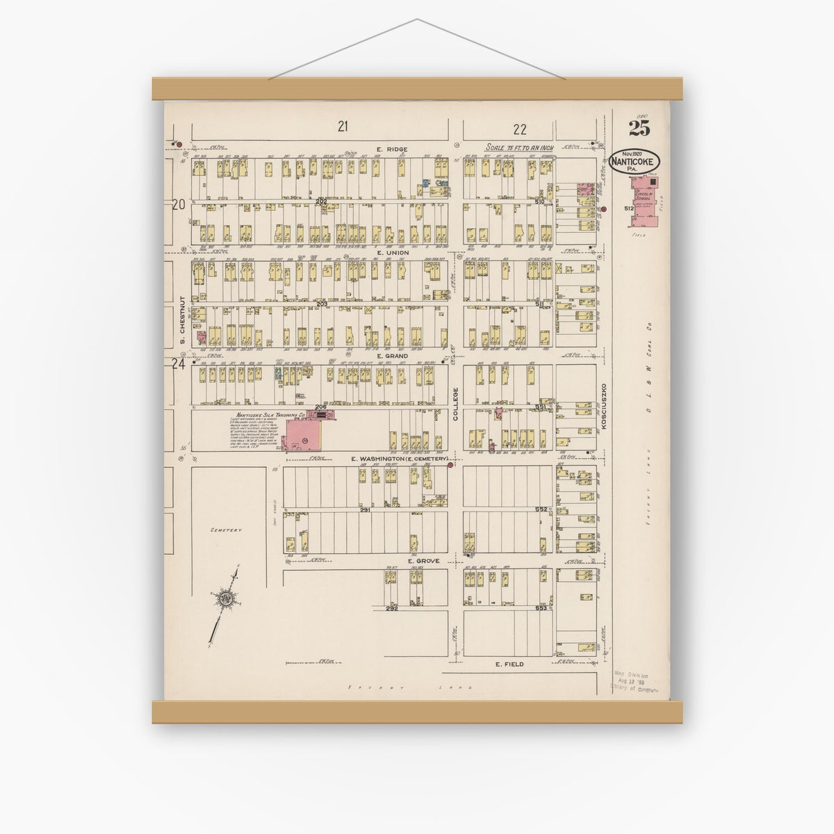 Old map wall art mockup — magnetic wood frame on white wall — Sanborn Fire Insurance Map from Nanticoke, Luzerne County, Pennsylvania (1920), Sheet #0025