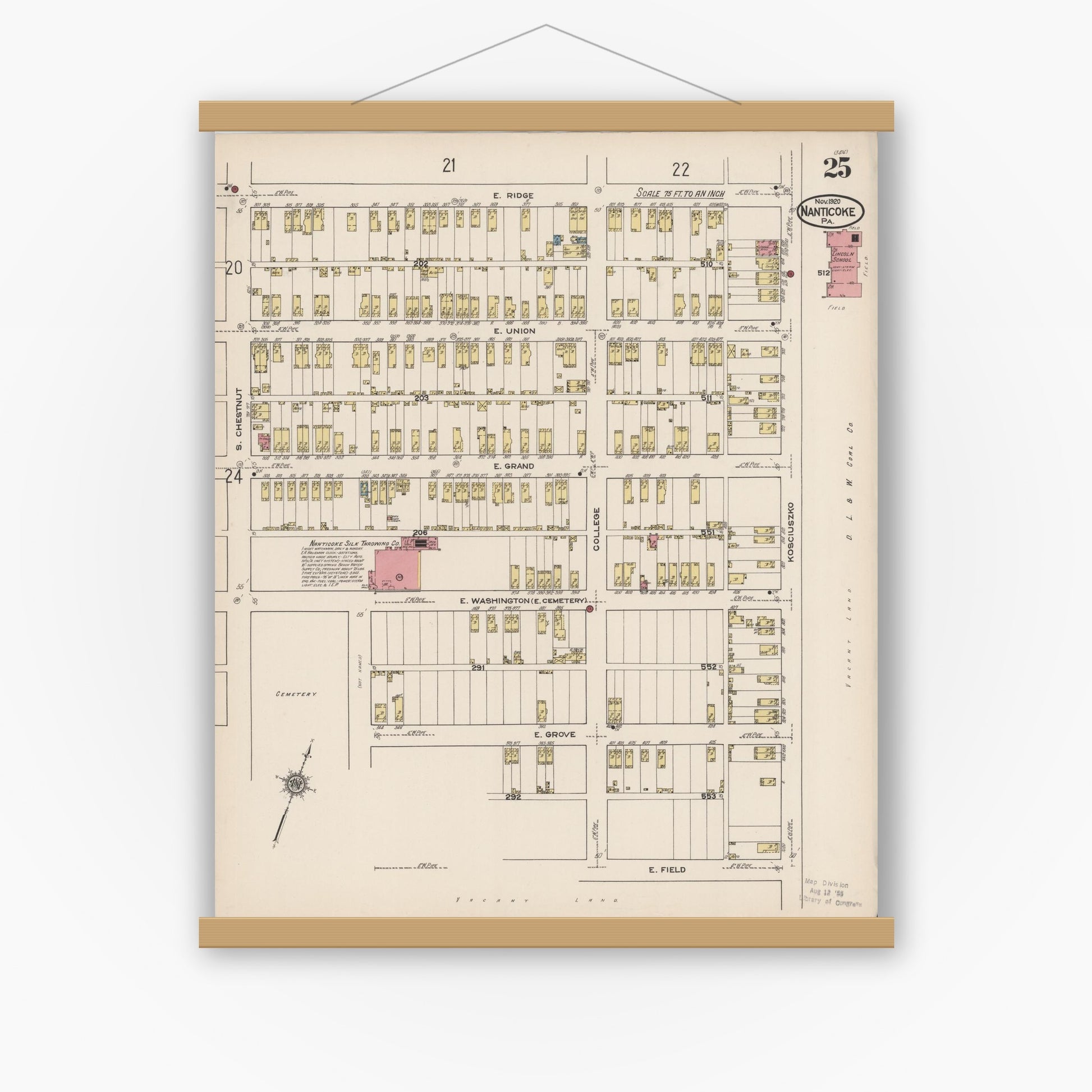 Old map wall art mockup — magnetic wood frame on white wall — Sanborn Fire Insurance Map from Nanticoke, Luzerne County, Pennsylvania (1920), Sheet #0025