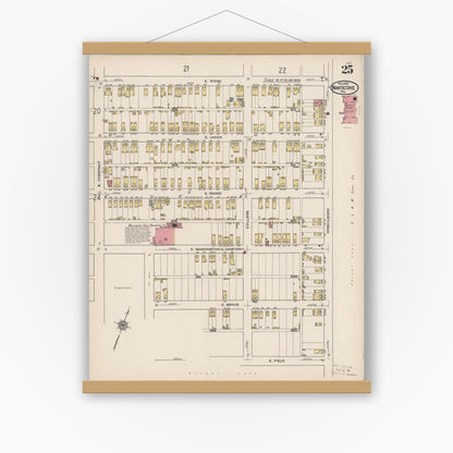 Old map wall art mockup — magnetic wood frame on white wall — Sanborn Fire Insurance Map from Nanticoke, Luzerne County, Pennsylvania (1920), Sheet #0025