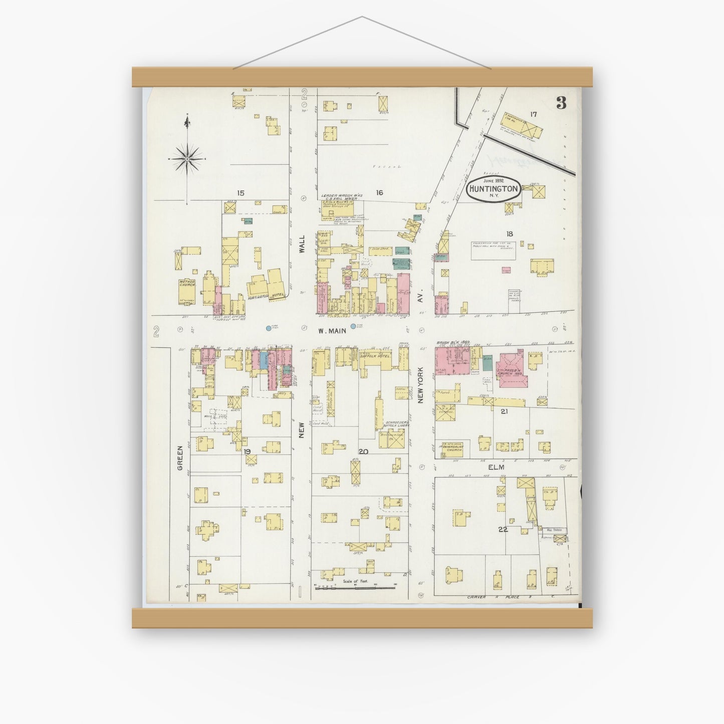 Old map wall art mockup — magnetic wood frame on white wall — Sanborn Fire Insurance Map from Huntington, Suffolk County, New York (1892), Sheet #0003
