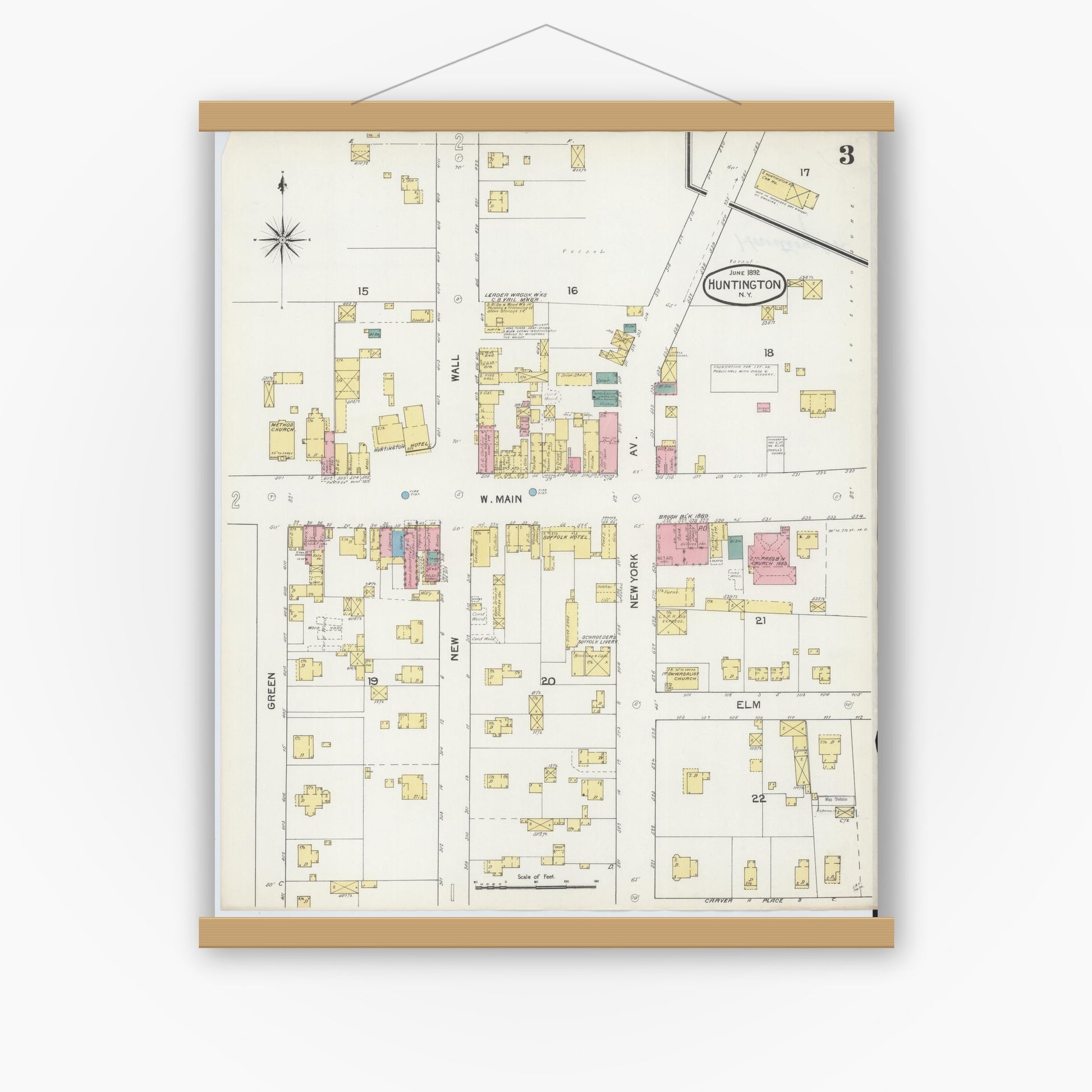 Old map wall art mockup — magnetic wood frame on white wall — Sanborn Fire Insurance Map from Huntington, Suffolk County, New York (1892), Sheet #0003